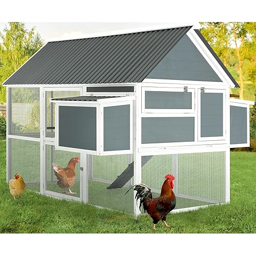 AECOJOY 84" Large Chicken Coop for 10 Chickens, Chicken Coop with Run, Outdoor Hen Fence Poultry Pet Hutch Run Cage w/Waterproof Roof, Ramp, 2 Large Nesting Box, Wire Fence for Backyard, Grey