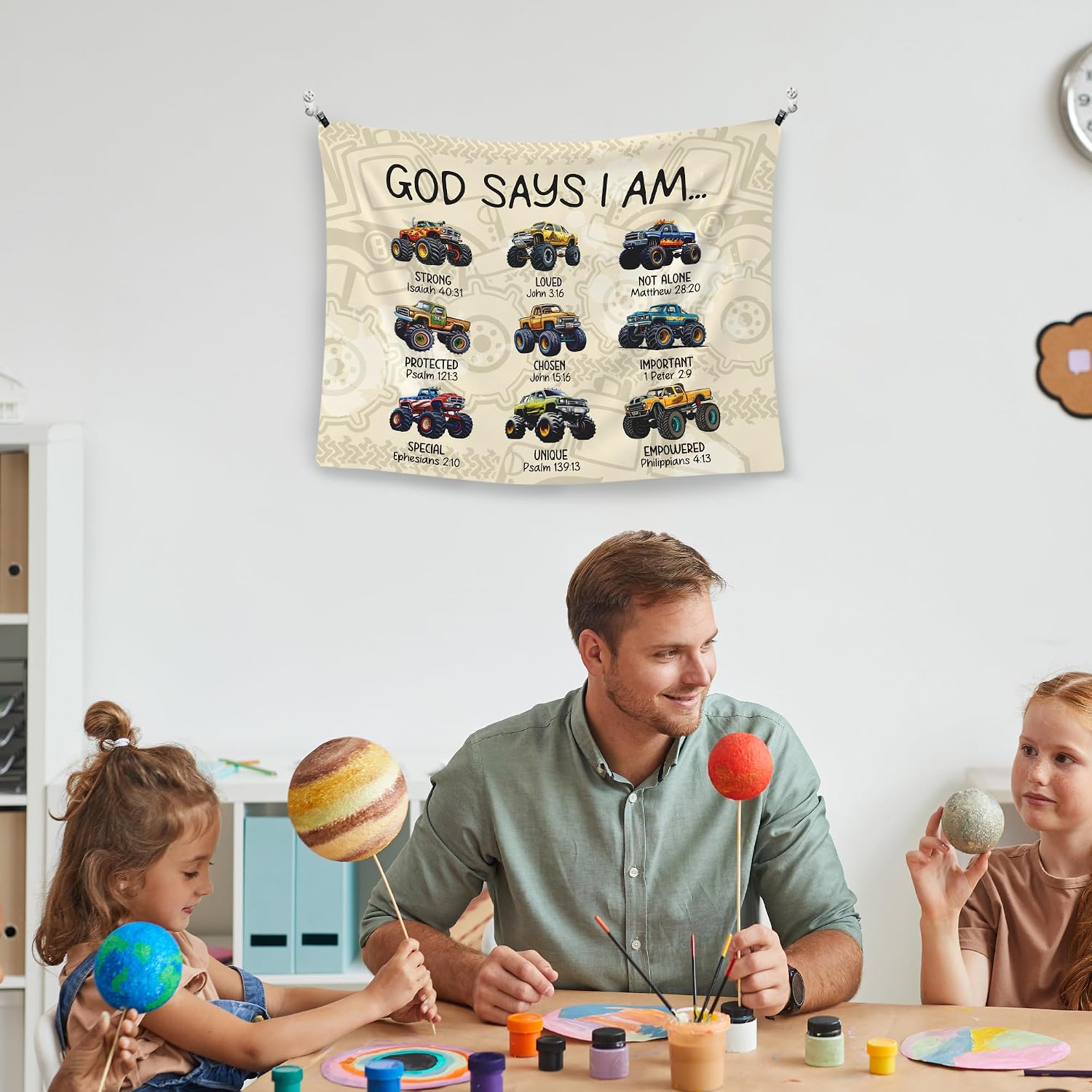 WAITPI Christian Inspirational Kids Nursery Hanging Wall Tapestry for Bedroom, God Says I Am Bible Verse Truck Car Wall Hanging Decor Tapestry for Boys Kids Race Car Room Playroom, 40x30in