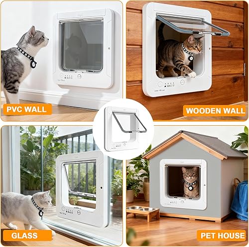 Miniatura 5 de Puerta inteligente para gatos para interior y exterior, puerta de gato con microchip para mascotas con 3 llaves de sensor de collar y 1 control