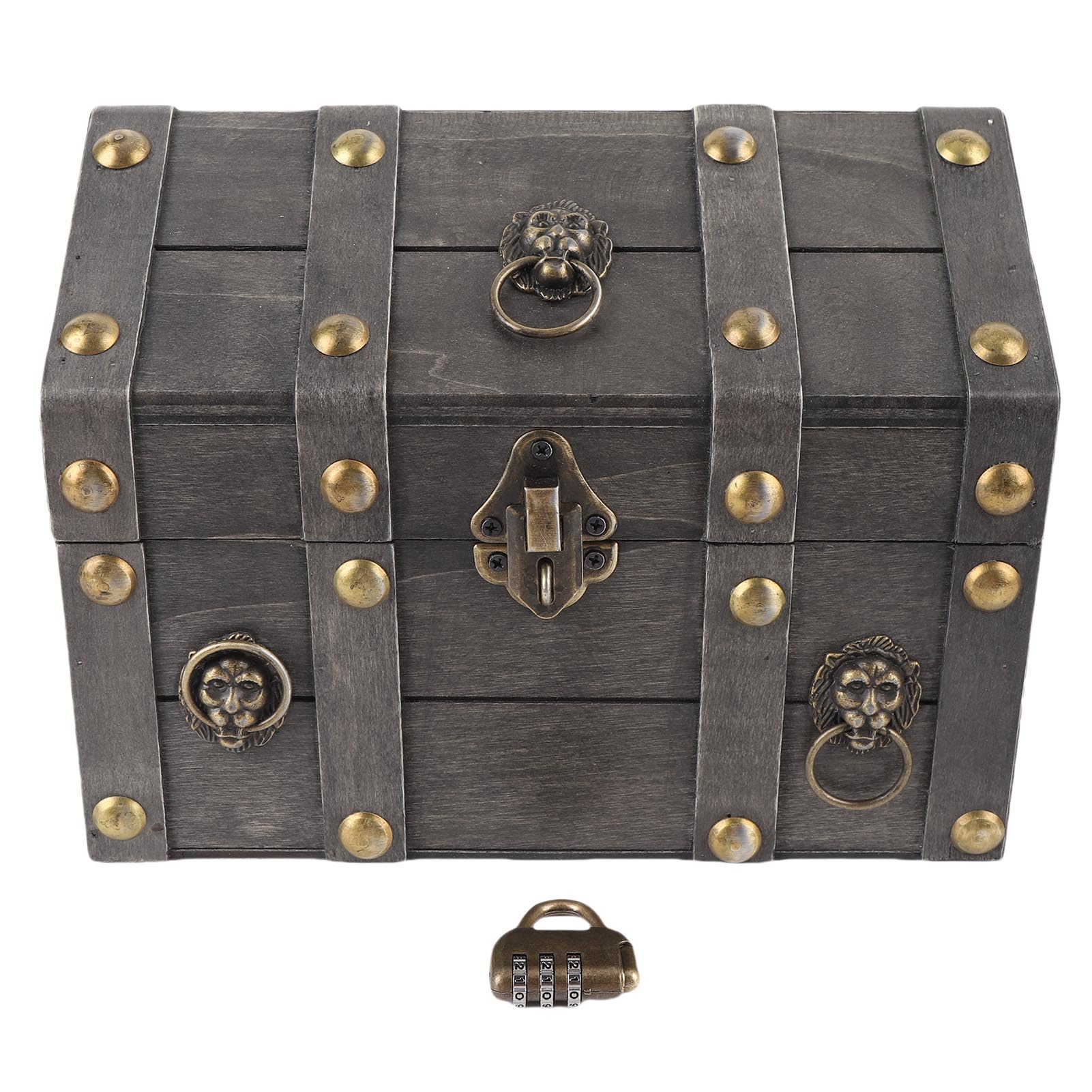 Drewniane pudełko do przechowywania biżuterii w stylu vintage Ozdobny organizer na klatkę piersiową z pokrywką na zawiasach Blokada hasłem (6300J-03GK10 Postarzany szary)
