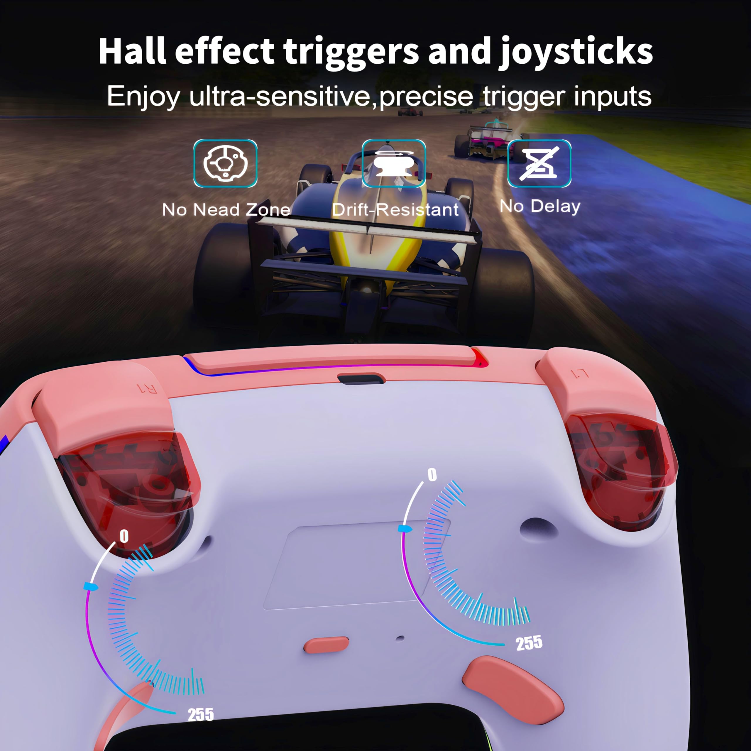 Wireless Pink White gradient Controller for PS5 Pro/PlayStation-5/PC/Mac/Steam Deck with Hall Effect joystick trigger/Back Paddles/Cool RGB/TURBO/headphone Jack - Built-in Speakers Support P-S5 Console Audio