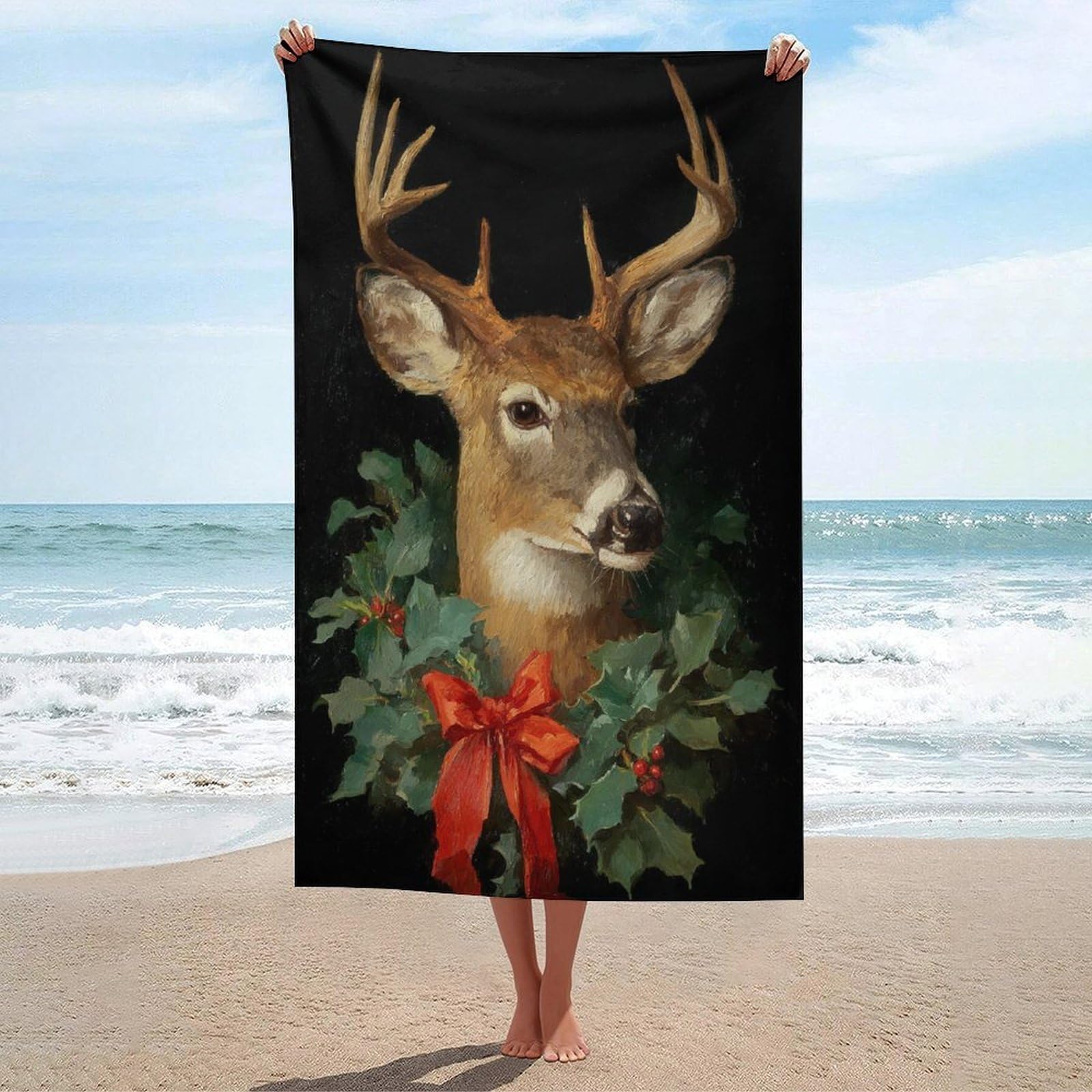 LSRCPD Christmas Deer Holly Wreath Red Bow Beach Towel Sand Free Microfiber Large Shower Towels Multipurpose Absorbent for Bathroom Pool 130x80 CM