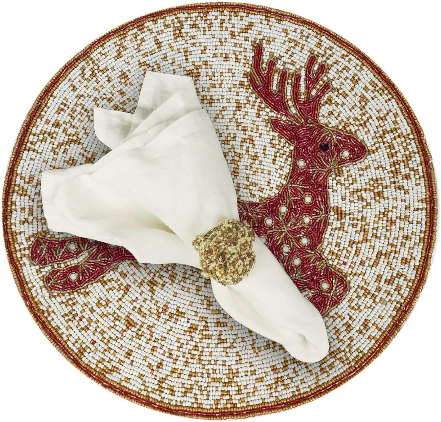 Christmas Beaded Placemat, Round Embroidered Be A Deer Tablemat in Red and Cream, Beaded Charger Placemat, Holiday | X'Mas Dining Table Décor - Set of 2