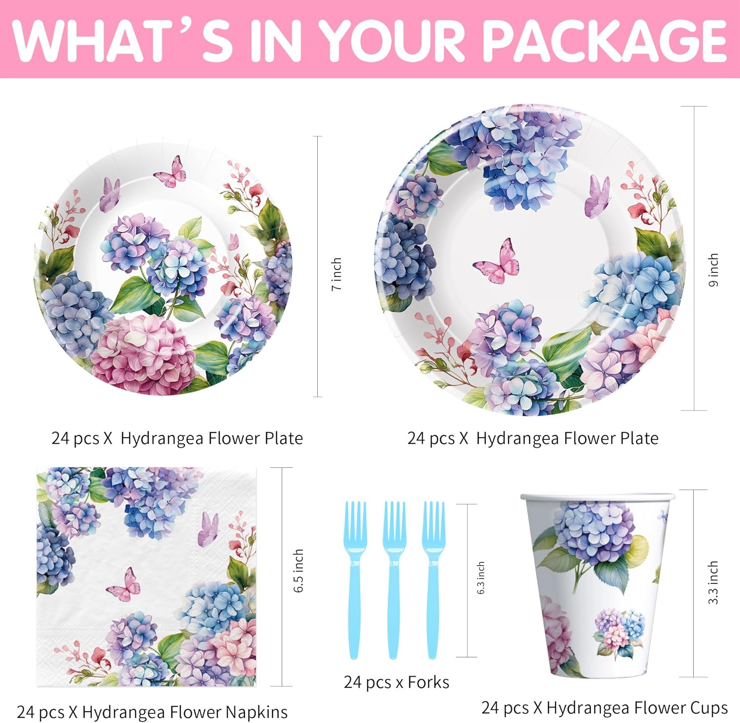 Hydrangea Floral Plates and Napkins Party Supplies - Paper Plate, Cup, Napkin, Fork - Flower Hydrangea Birthday, Bridal, Baby Shower, Wedding Decorations | Serve 24 (Pack of 2)
