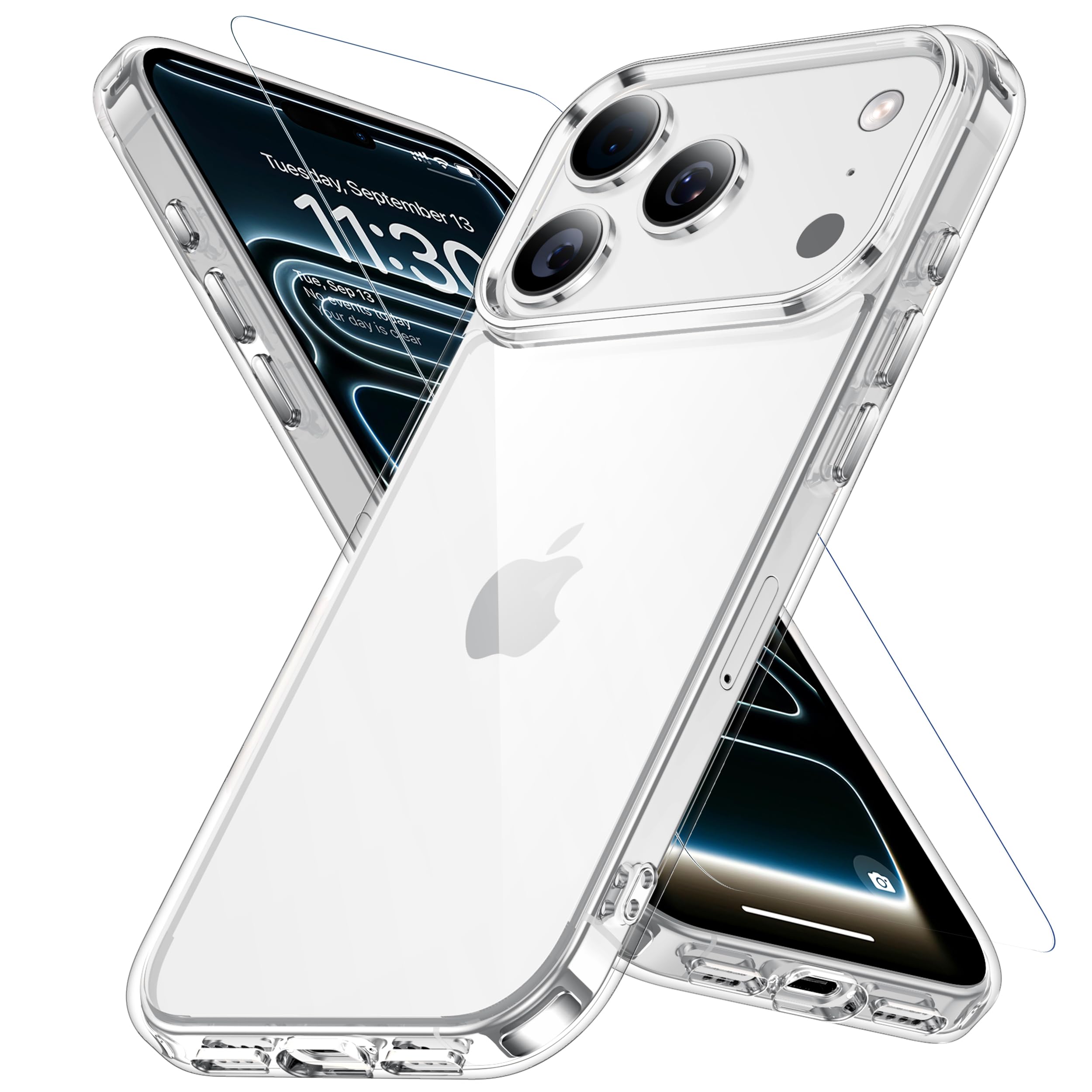 JUSTCOOL iPhone 17 Pro ケース クリア ガラス保護付き 黄変防止 アイフォン17 プロ用 耐衝撃 アイフォン 17 ぷろ case 指紋防止 落下防止 いphone17 pro ケース 耐久性 ストラップホール付き 薄型 軽量 ソフト ワイヤレス充電対応 アイホン17pro（6.3インチ）カバー