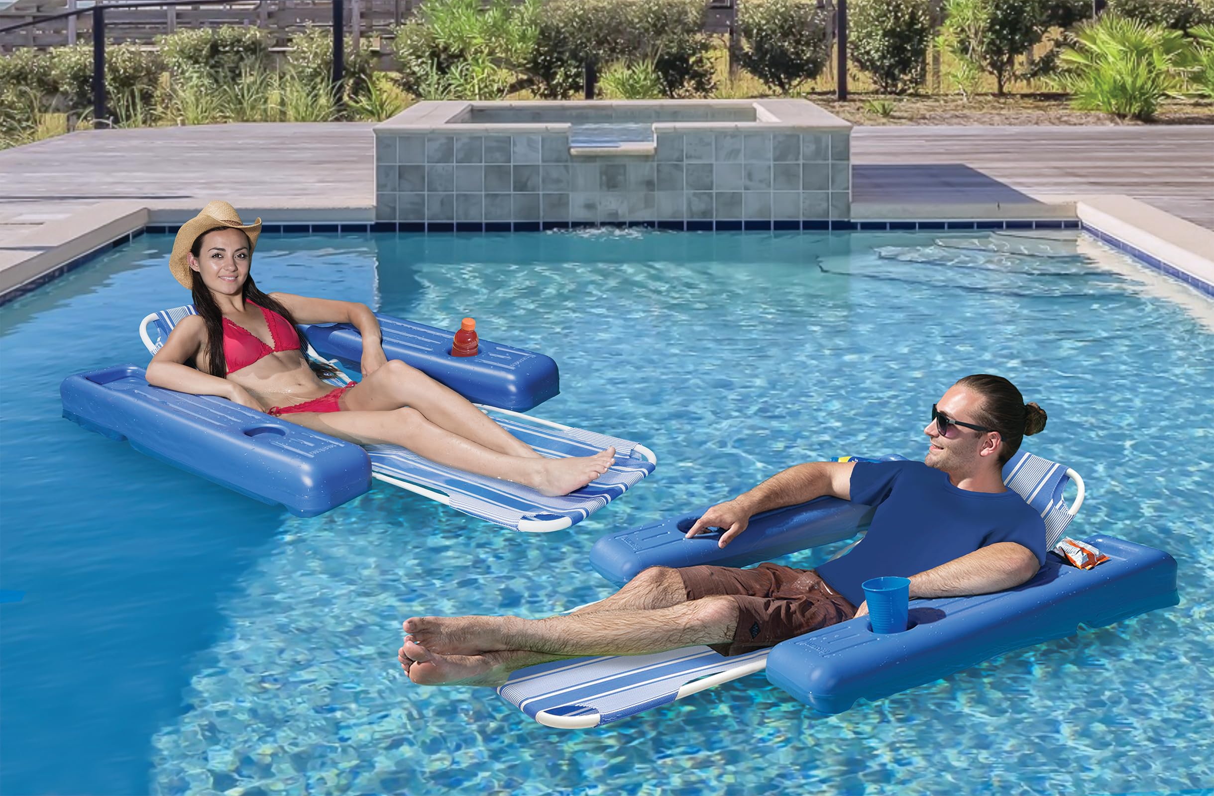 Poolmaster Caribbean Heavy-Duty Retro Floating Chaise Pool Lounge Recliner with Beverage Holders, 2-Pack