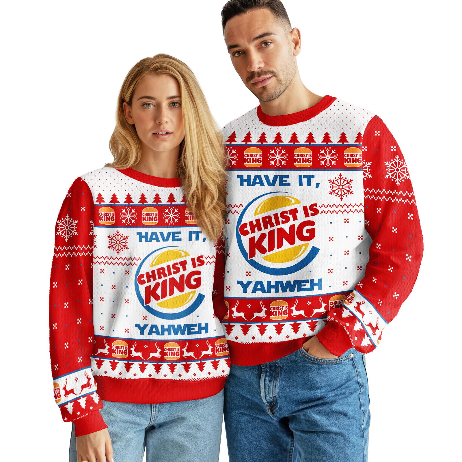 99TIMORO Burger Christ Ugly Christmas Sweater for Men and Women, Holiday Pullover Novelty Crewneck Sweatshirt, Festive Outfit Gift