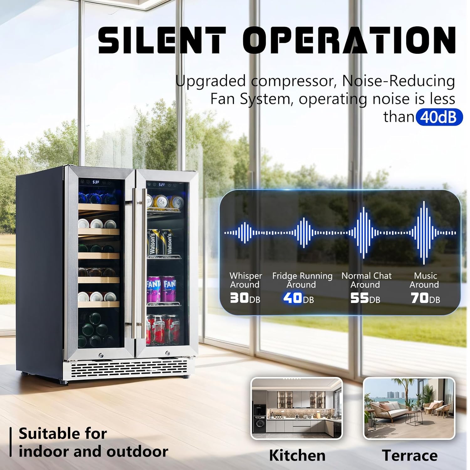 Jocisland Beverage Refrigerator, 24-Inch Dual Zone Fridge Cooler with Glass Door, Built-In or Freestanding for Wine and Beer, Holds 20 Bottles & 78 Cans, 34–64℉ & 41–68℉ for Kitchen, Bar, Office