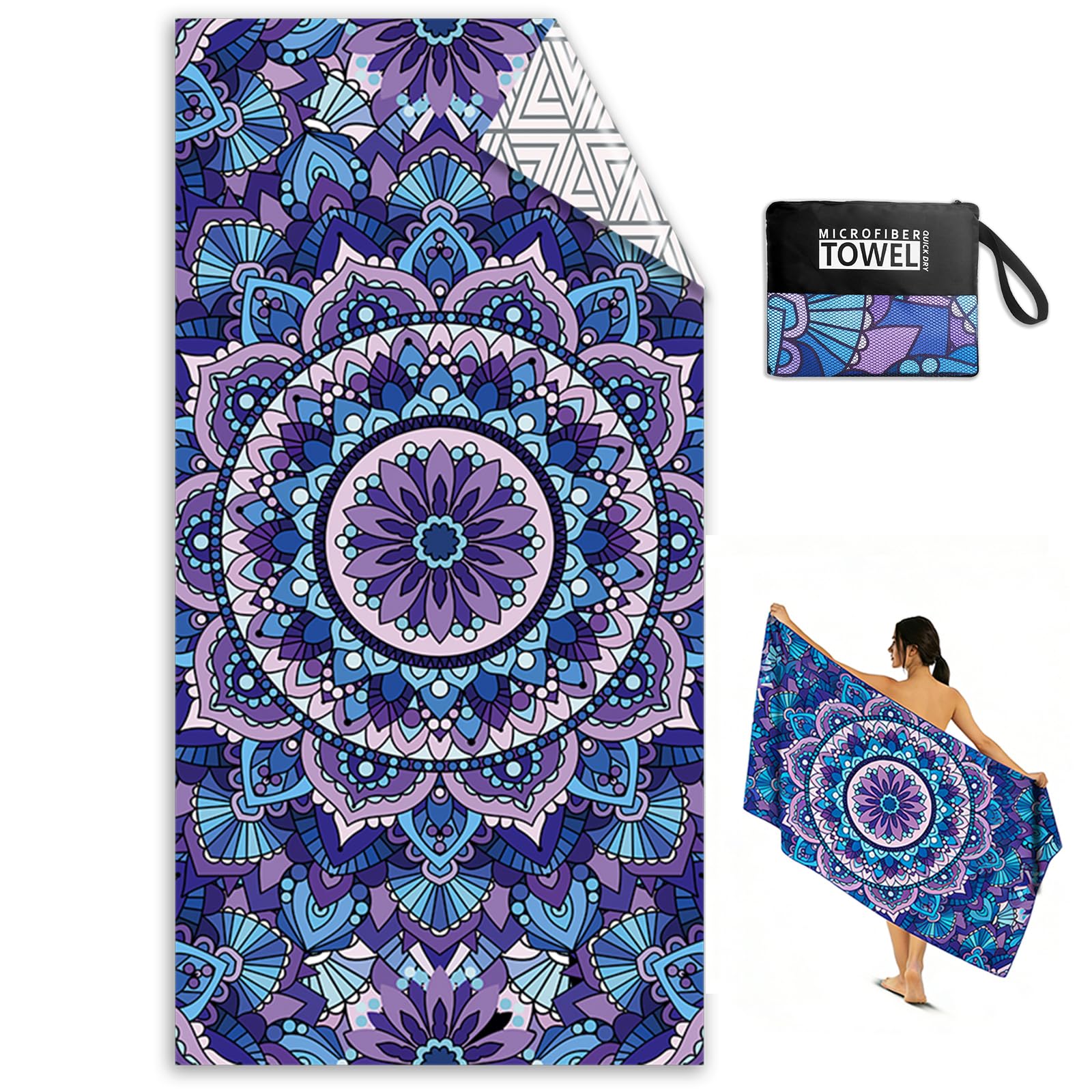Kelvindra Microfibre Beach Towels for Adults - 1 Pack Double Sided Lightweight Beach Towel 180x90cm Extra Large, Sand Free Quick Dry Microfibre Towel with Mesh Bags for Travel, Swim & Sunbathing
