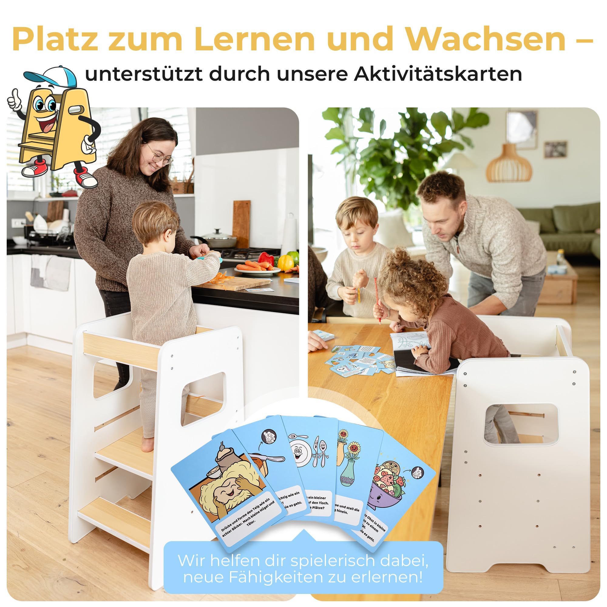 Lernturm für Kinder ab 1 Jahr – Mit Aktivitätskarten für echte Nutzung im Alltag, sicherer Learning Tower mit Wobble Stop Design, 2 Stufen & höhenverstellbar für Küche & Bad | Montessori (Weiß)