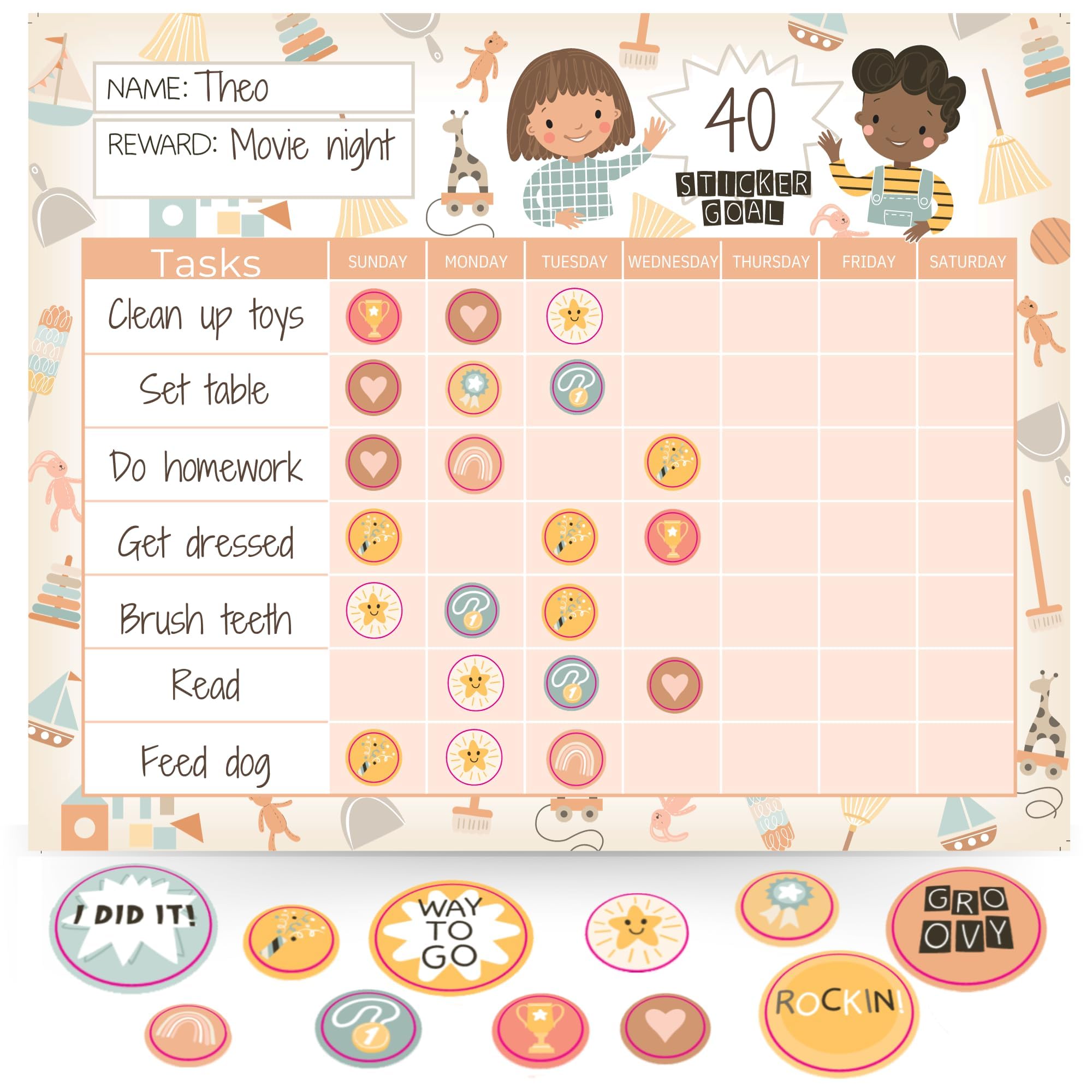 Behavior Chart for Kids at Home - 26 Chore Chart Pages, 1456 Small & 80 Large Stickers | Chores Chart for Kids | Potty Training Chart | Visual Schedule for Kids | Chore Chart for Kids Multiple Kids