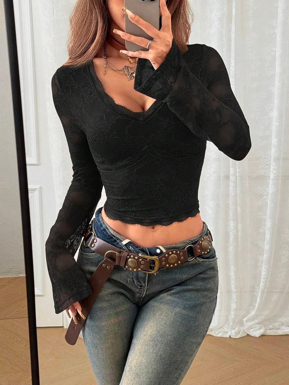 Lace Tops for Women Going Out Bell Long Sleeve Eyelash Floral V Neck See Through Crop Blouses Shirts 2025 Fall Trendy - Image 2