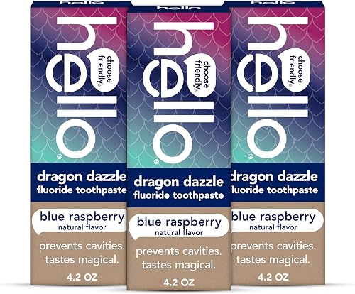hello Dragon Dazzle Blue Raspberry Kids Toothpaste, Fluoride Toothpaste, Ages 2+, No Artificial Sweeteners, No SLS, Gluten Free, Vegan, Pack of 3, 4.2 OZ Tubes
