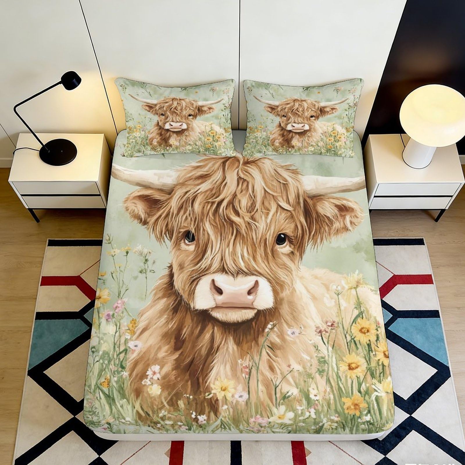 3D Printed Highland Cow Fitted Sheet Microfiber Soft Breathable Wildflower Bed Cover for Bedroom Dorm Decor 90x200x25cm