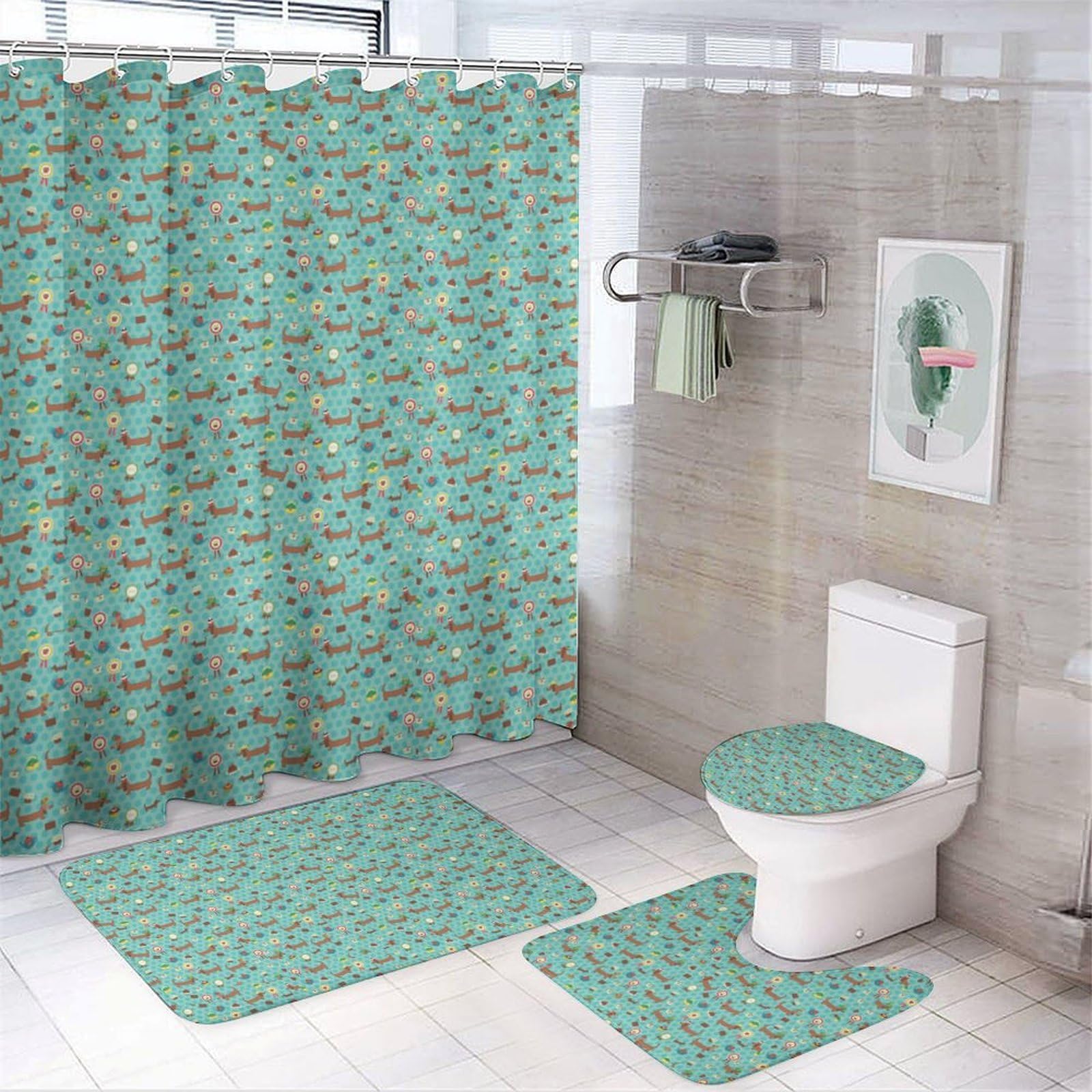 Wlntrophic Bathroom Mat Set 4 Piece, Sausage Dog Shower Curtain with Non-Slip Bath Mats for Bathroom