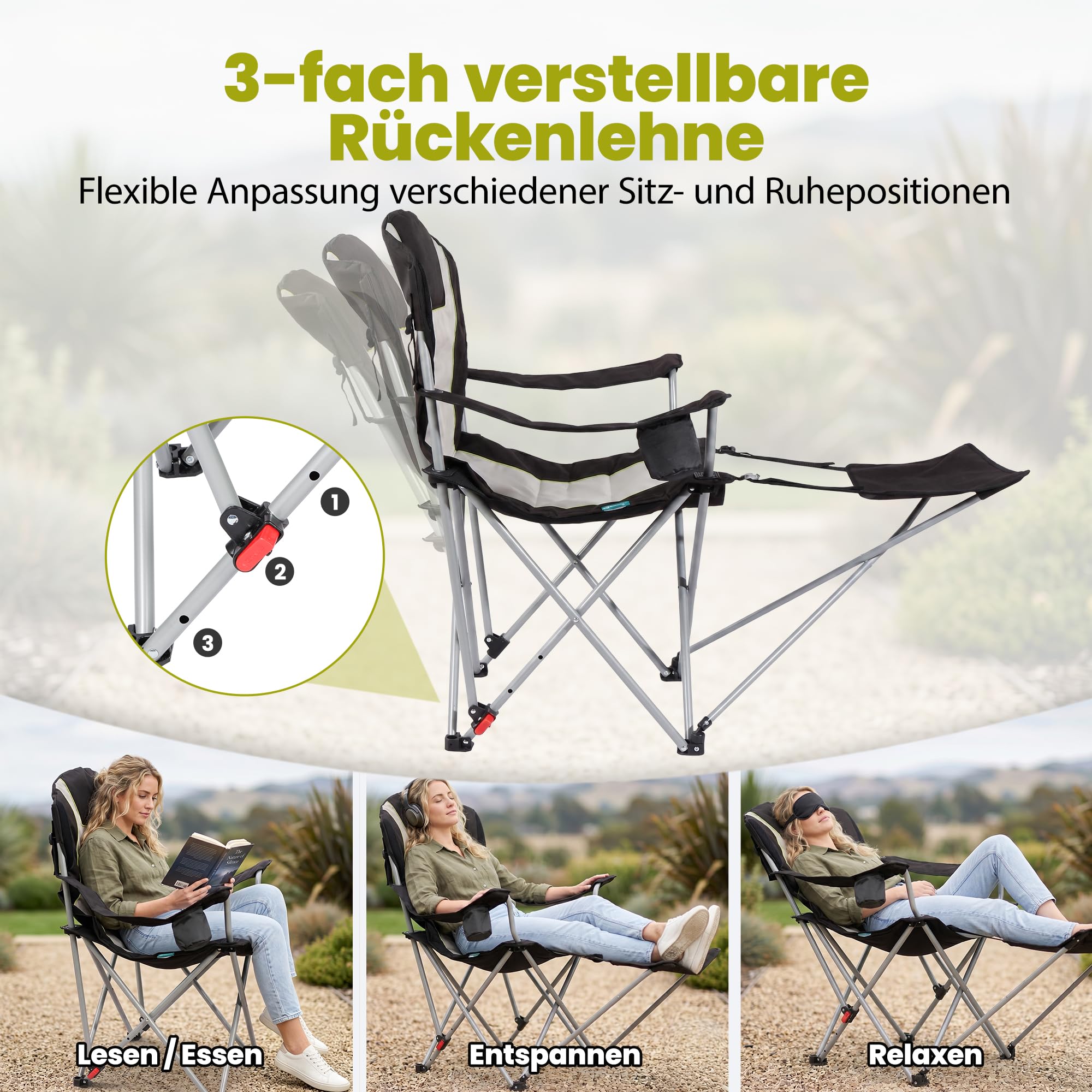 Homecall Sedia da campeggio pieghevole 2 in 1, con poggiapiedi, fino a 150 kg, sedia da pesca, pieghevole, con poggiatesta, portabicchieri e borsa per il trasporto, per campeggio all'aperto (1 pezzo)