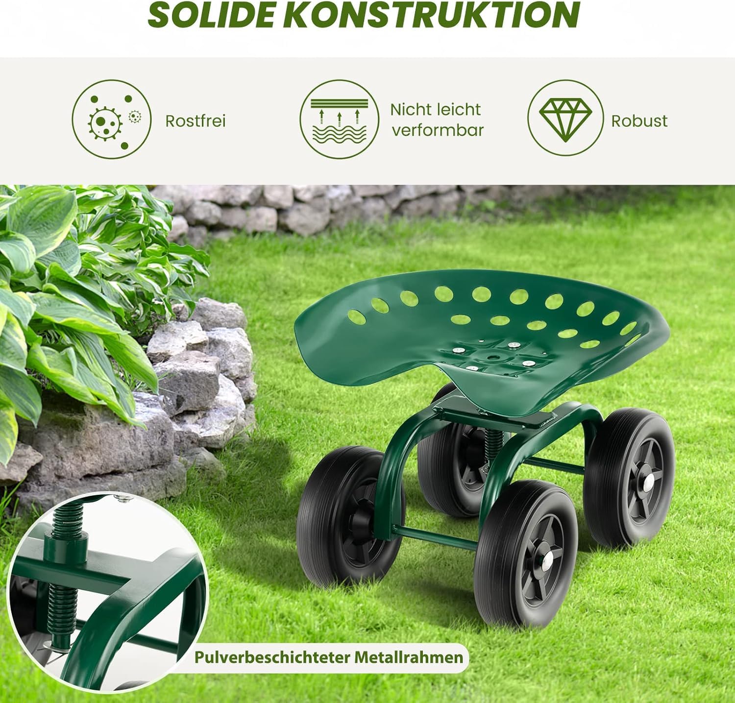 FANTASK Siedzisko na kółkach z kółkami do 150 kg, regulacja wysokości, obracane o 360°, mobilne siedzisko ogrodowe, stołek ogrodowy, metalowy, szerokie opony