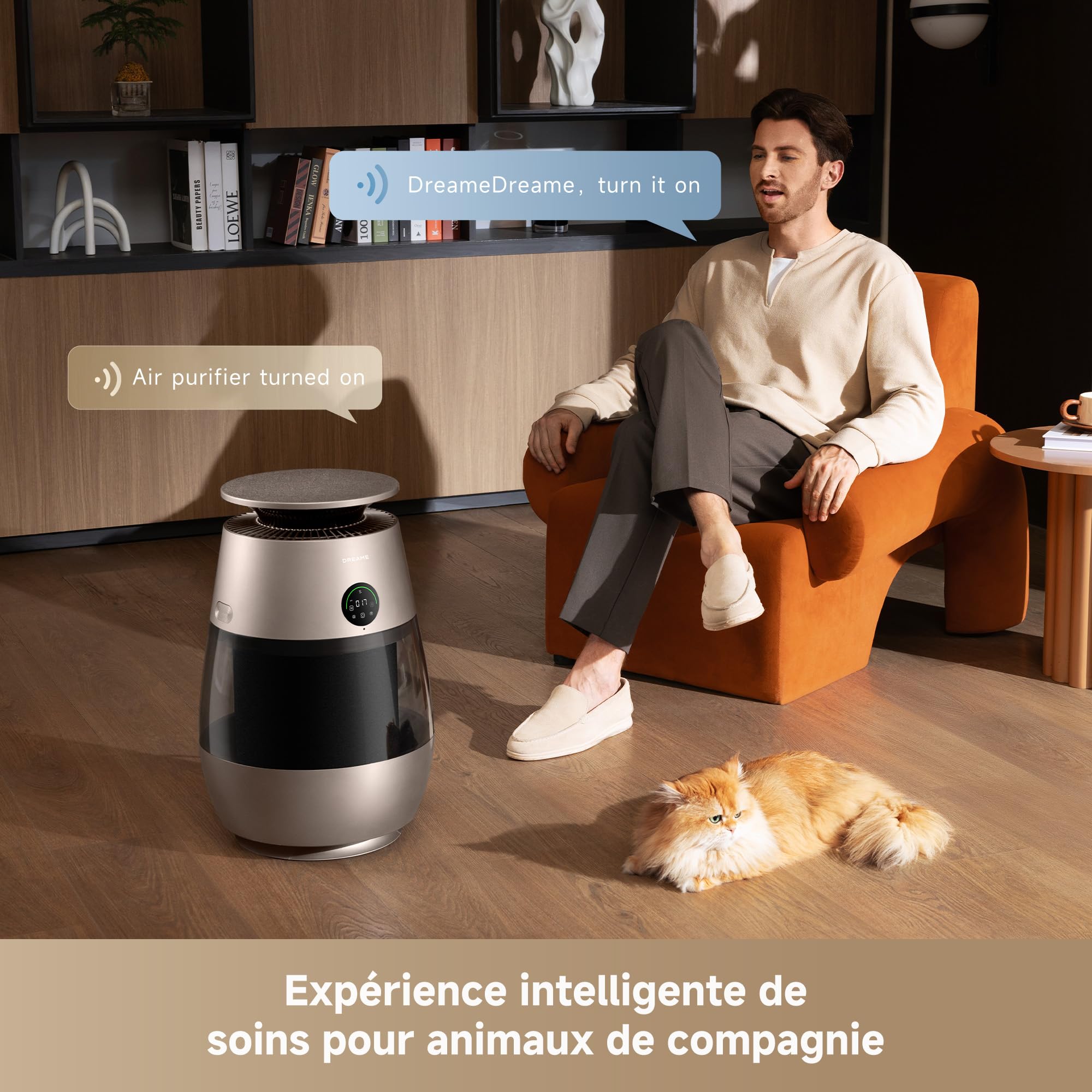 DREAME AP10 Purificateur d'Air pour Animaux, Retour d'Air Haute Pression Nég. 360°, Purification 5 Niveaux Capturant Poils/Odeurs, Compartiment Transp., Dessus Incurvé, Écl. Éco-Ambient, Contrôle App