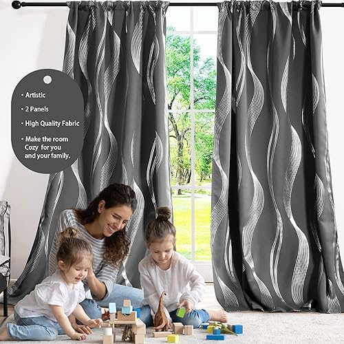 Miniatura 3 de Deconovo - Cortinas blackout con aislamiento térmico para comedor y cocina, estampado a rayas plateadas, trabillas traseras y bolsillo para