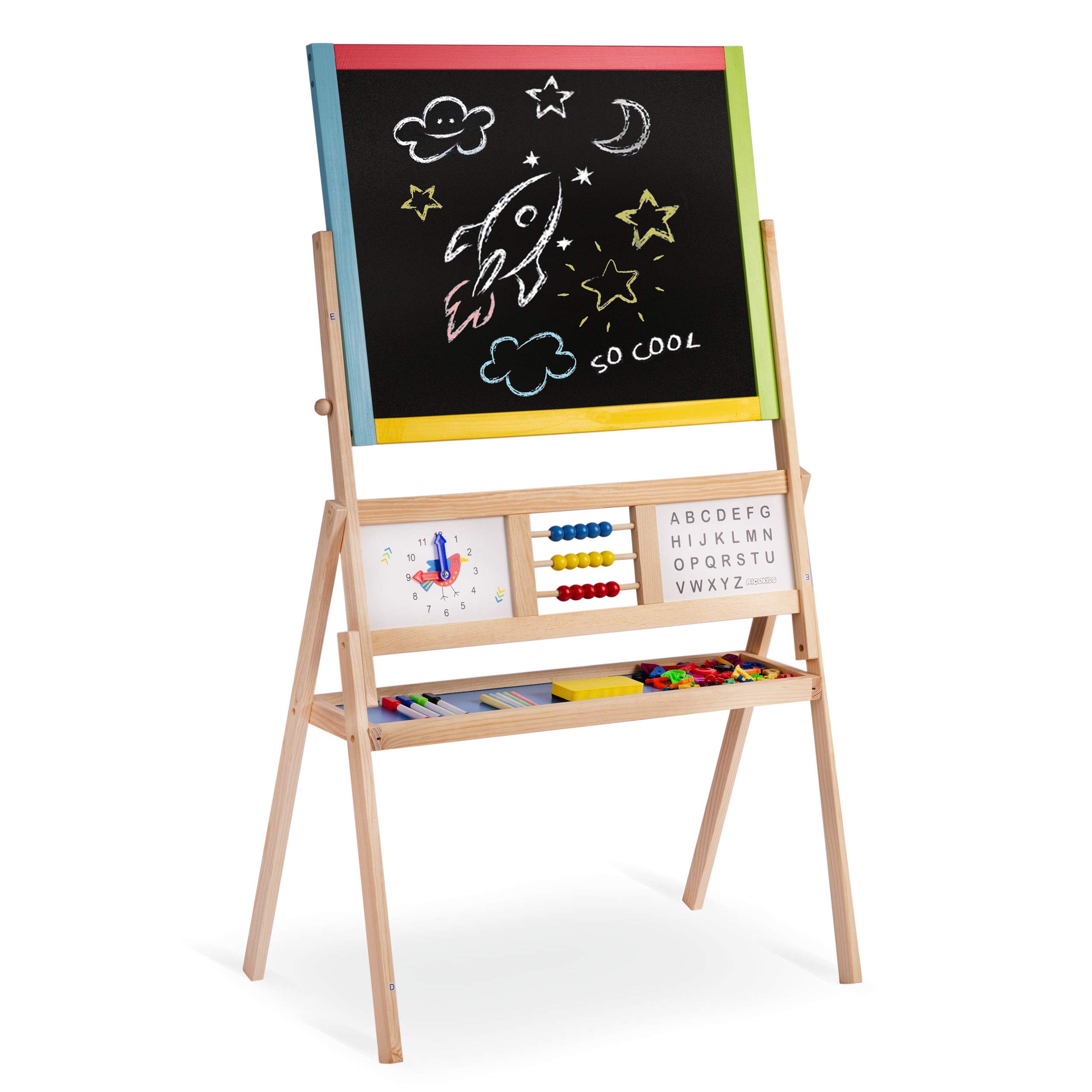 Ricokids Tablica do zabawy dla dzieci, magnetyczna tablica suchościeralna, zegar liczydło i tablica do malowania kredą, tablica dla dzieci, sztaluga z drewna