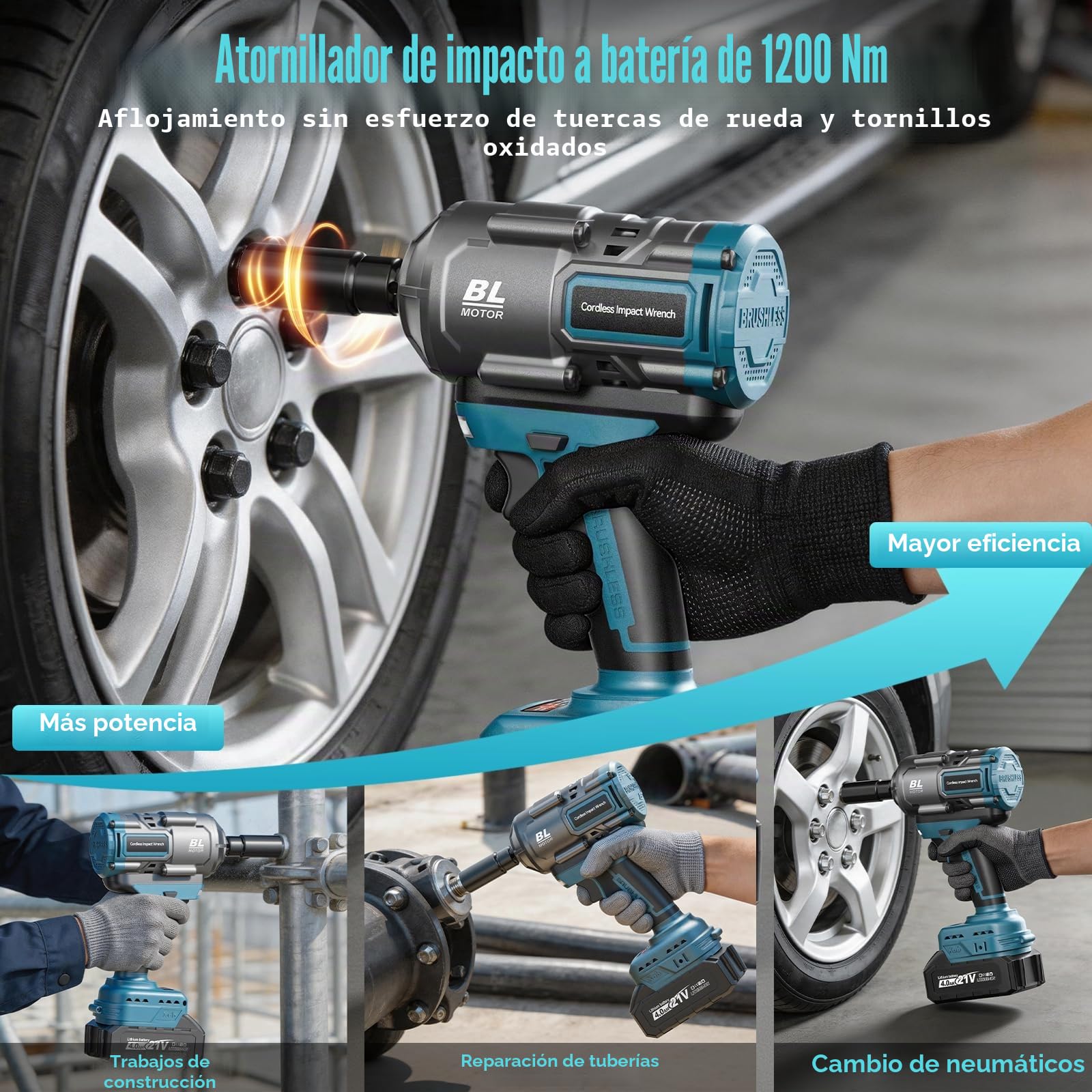 Yofuly 1200Nm Pistola de Impacto Compatible con baterías Makita de 18v, 1/2" Llave de Impacto Electrica sin Escobillas con 2 * 4000mAh Baterías, Cargador Rápido, 5 Vasos, Extensión