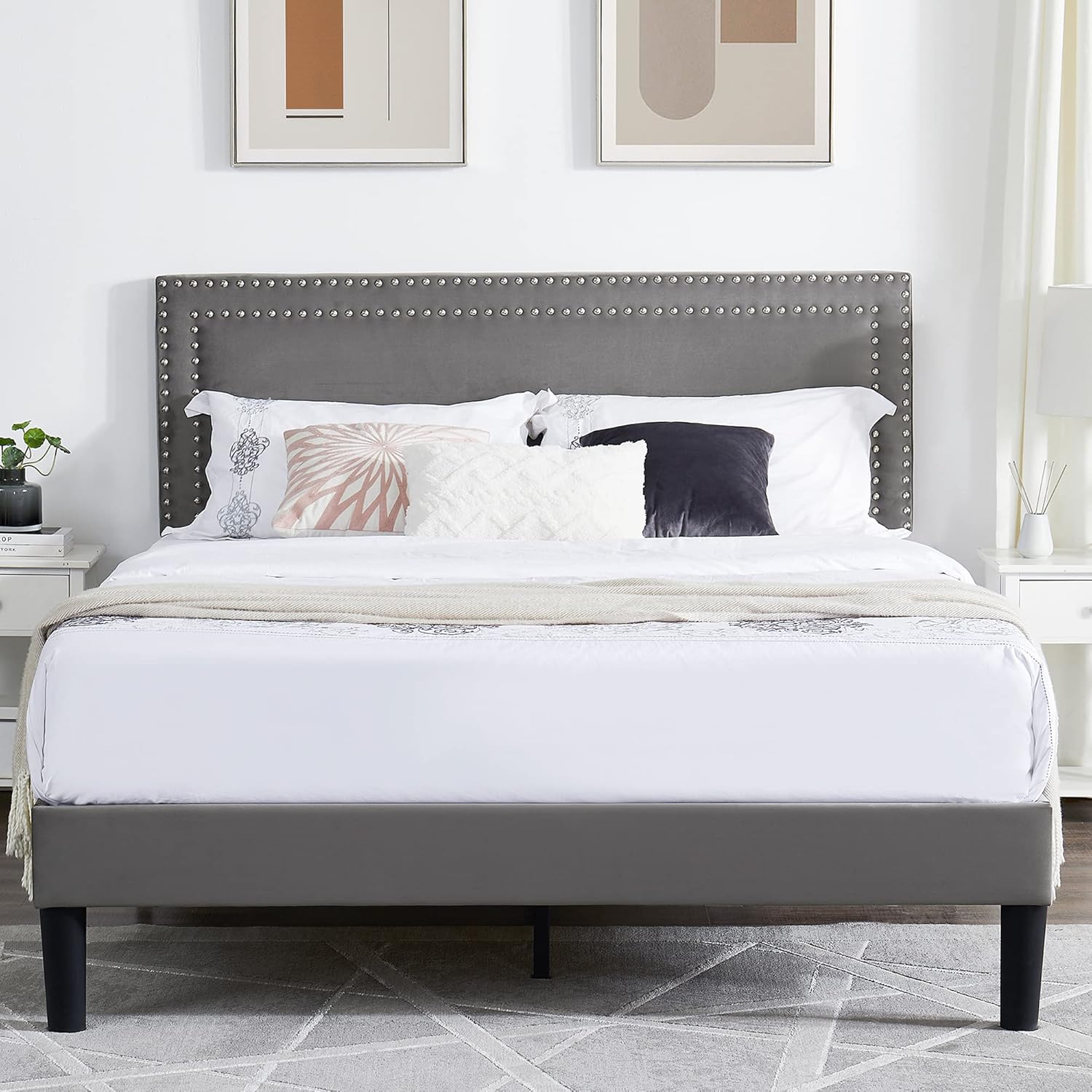 VECELO Full Upholstered Platform Bed Frame with Adjustable