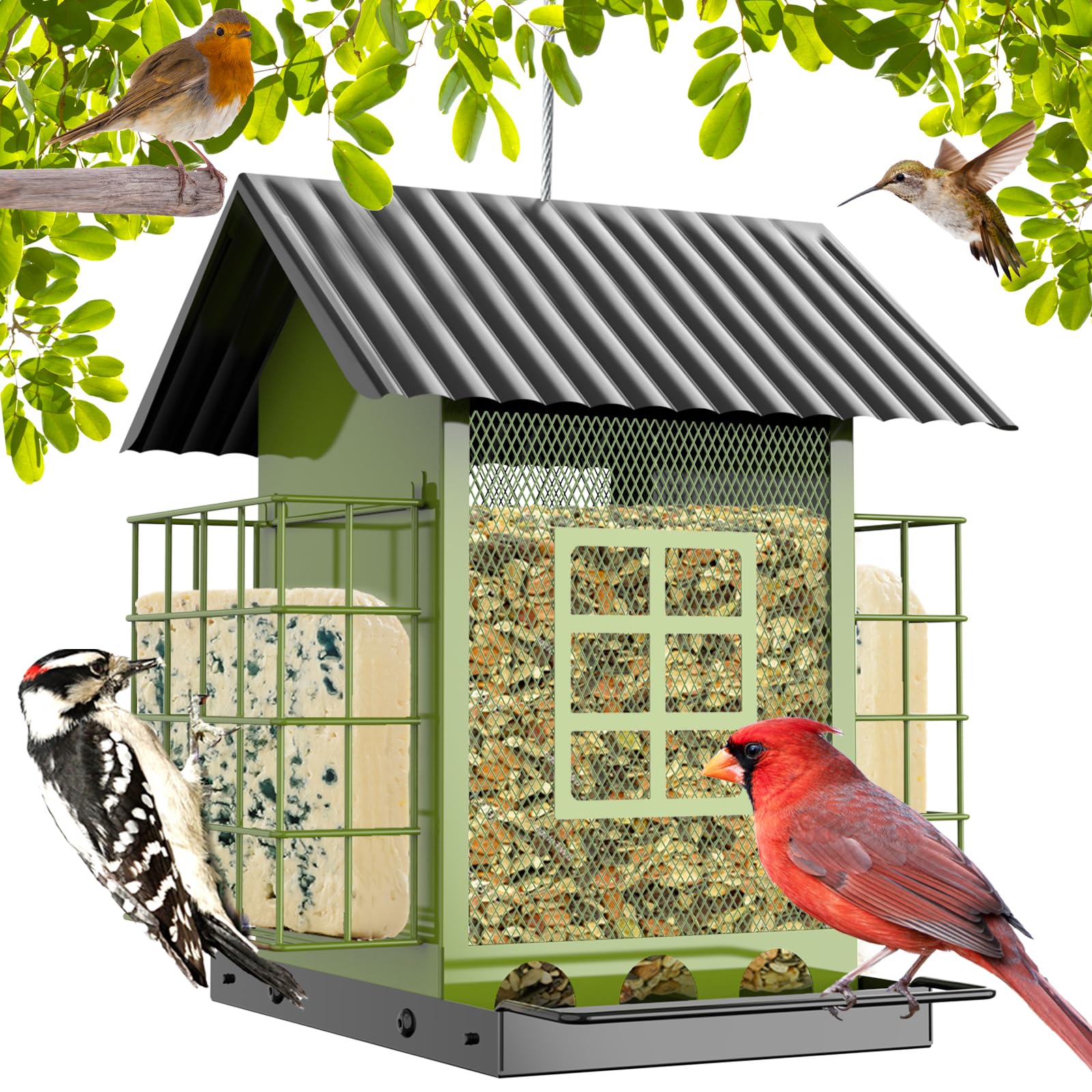 Bird Feeders for Outdoors Hanging, Metal Bird Feeder with Double Suet Cage Cake, Large Capacity, Birdfeeders Sturdy & Weatherproof, Easy to Clean & Refill, Great for Attracting Wild Birds