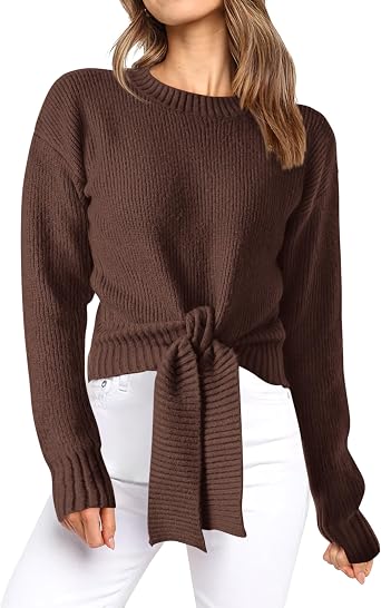Okiwam Womens Long Sleeve Cropped Sweaters Casual Knit Pullover Tie Front Crew Neck Fall Outfits Fashion Clothes 2025