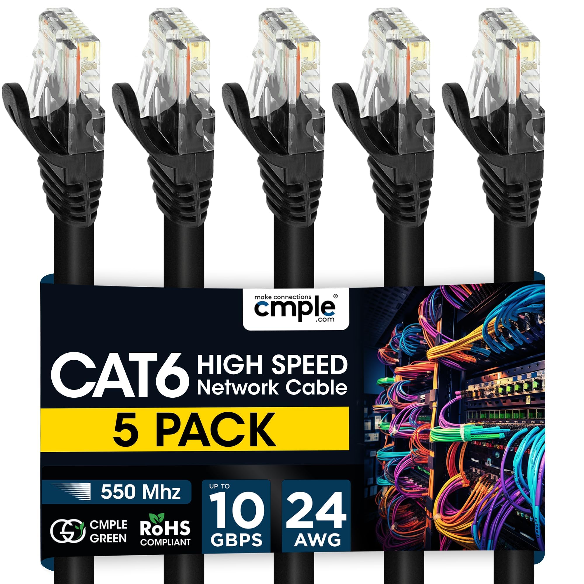 Cmple Kabel krosowy Ethernet Cat6, 0,5 m, czarny, pozłacany styk męski na męski (5 sztuk)