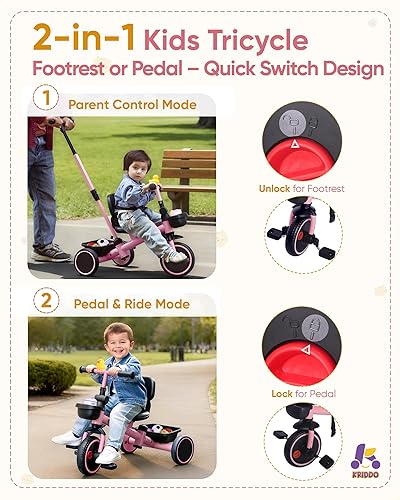 Miniatura 2 de KRIDDO Triciclo 2 en 1 para niños pequeños de 1.5 a 5 años, triciclo de empuje con mango desmontable de dirección para padres, manubrio ajustable de
