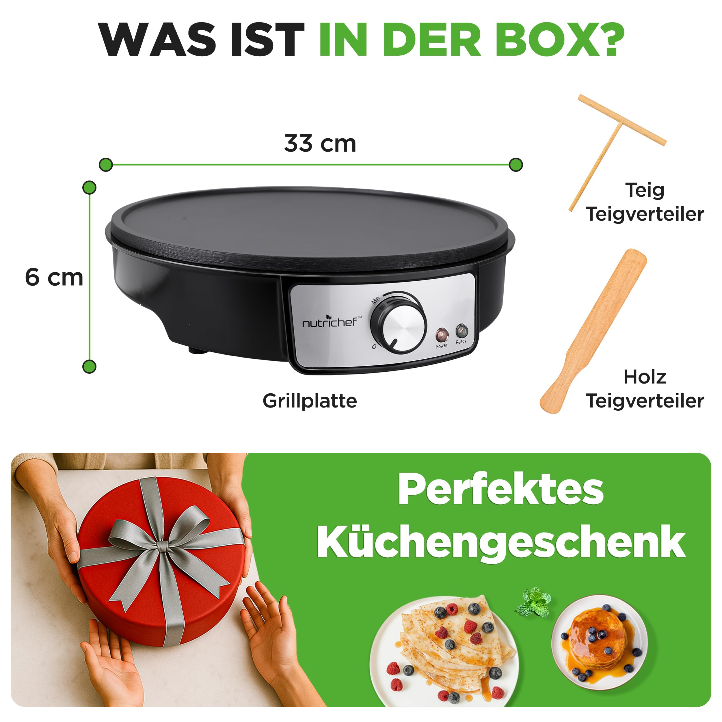 NutriChef Crepe Maker 30 cm elektrisch – Antihaft Platte mit Temperaturregelung, Teigverteiler und Spatel, Schwarz