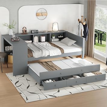 SOFTSEA Twin Size Daybed with Trundle & 3 Storage Drawers, Corner Bed with Desk and Bookcase Headboard, Wooden Daybed with Pull Out Trundle and Storage Shelves for Kids Teens, Grey
