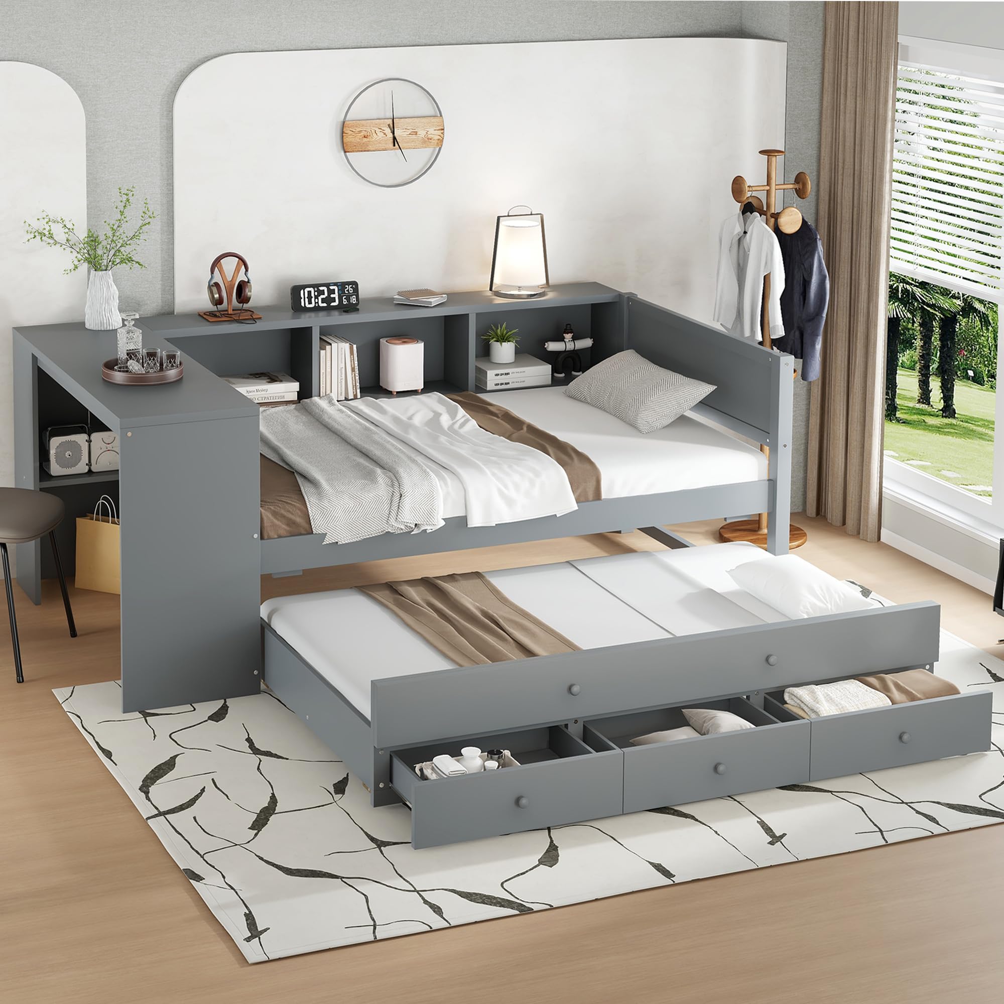 LUMISOL Twin Daybed with Trundle, Desk, and Storage in Grey