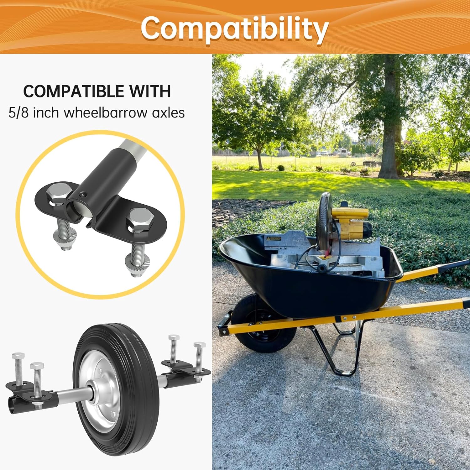 Heavy Duty Wheelbarrow Axle Bracket Set Compatible with 5/8” Wheelbarrow Axles Wheelbarrow Axle Shaft and Bracket Wheelbarrows Spare Part Include Bolt and Nut