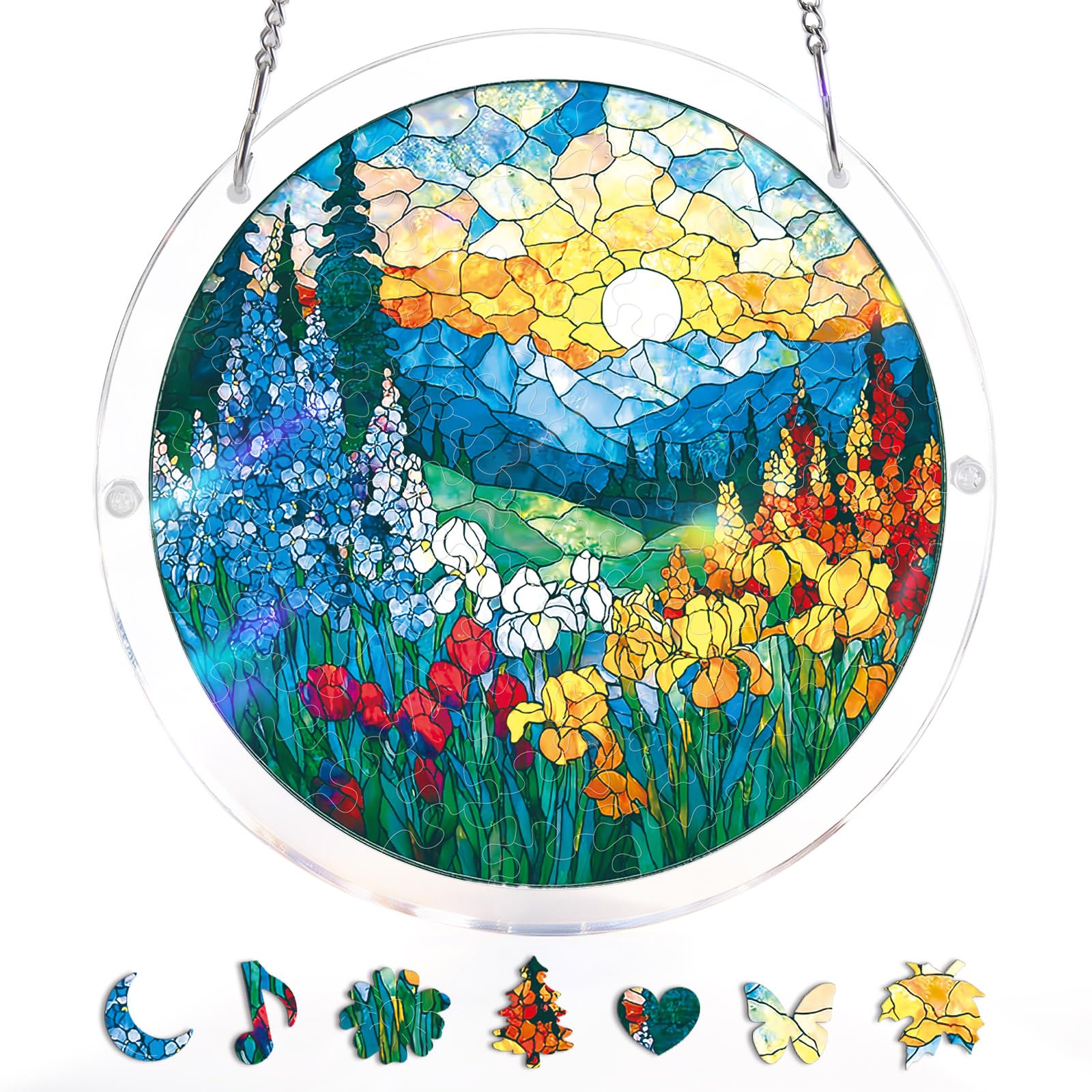 Blumuze Acrylic Puzzle for Adult Window Hanging,Acrylic Suncatcher Wall Hanging,Sun Catcher Stained Glass Acrylic Puzzle Decoration Birthday Gift for Women Men (Dawn Blossom Sea, 8.2 in) — image 1