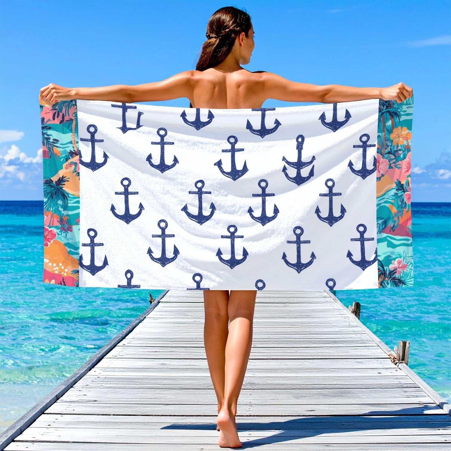 Toalla de playa moderna y minimalista, extra grande de microfibra de 200 x 100 cm, sin arena, secado rápido, fresca y tranquila, diseño náutico, toalla de playa con ancla azul, regalo ideal para
