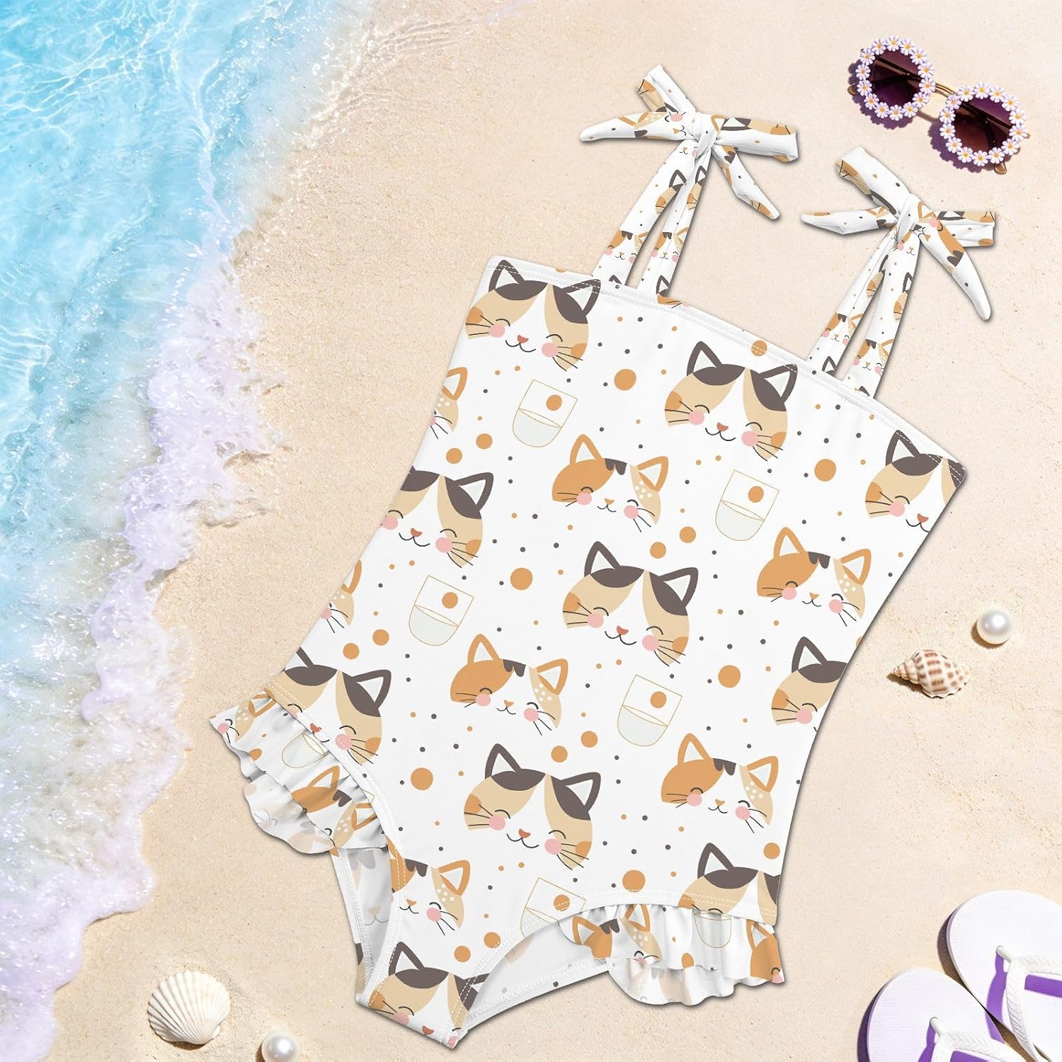 visesunny Toddler Girl Swimsuit Adjustable Strap Swimwear Smile Water Cup Calico Cat Bathing Suits for Girls 18M-6Y