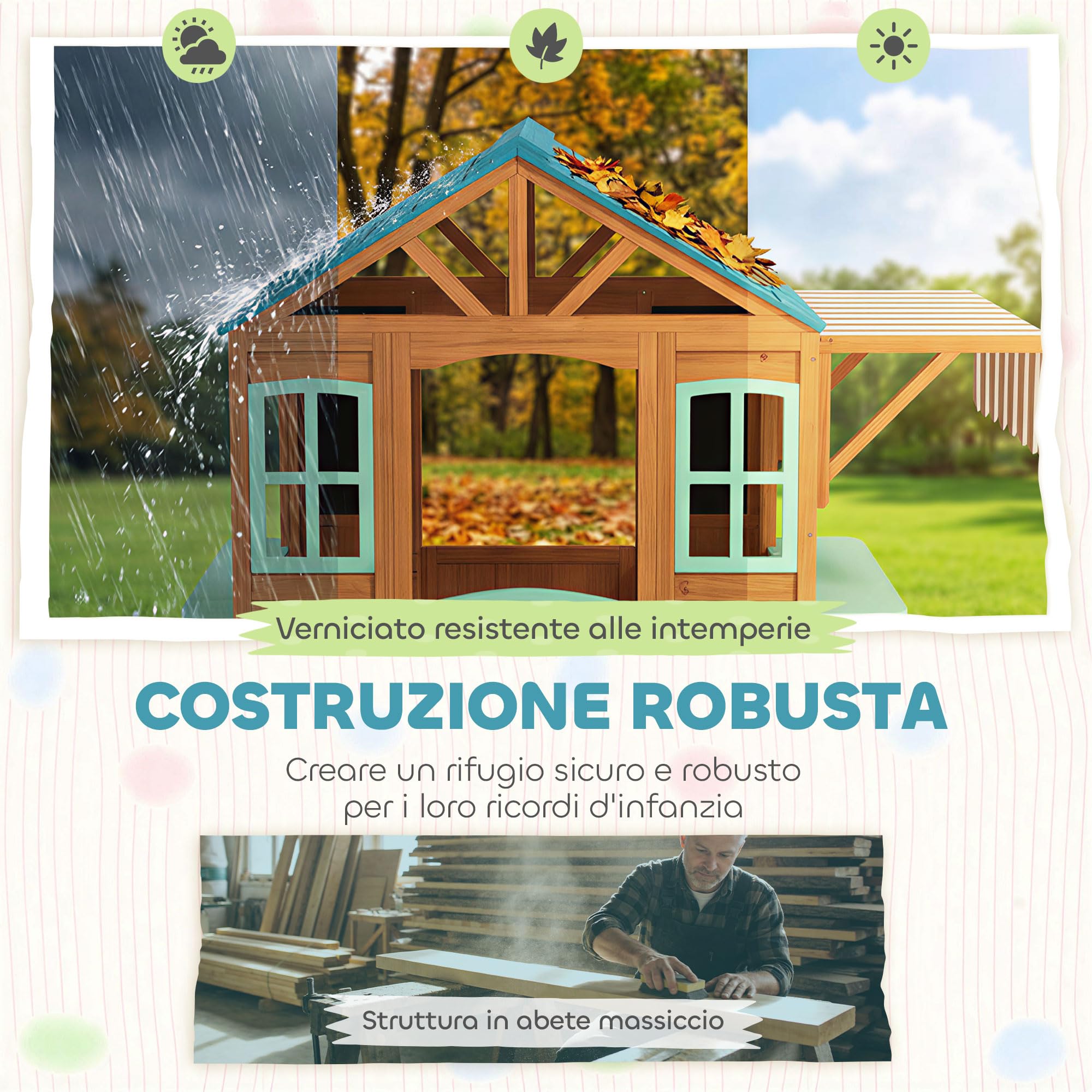 AIYAPLAY Casetta da Giardino per Bambini in Legno Abete, Casetta per Bambini Esterno, Finestra, Snack Bar, Mezza Porta, Portavasi, Telo Bersaglio, 4 Palline, Lavagna, 3-6 Anni, 142x120x141.5cm, Giallo