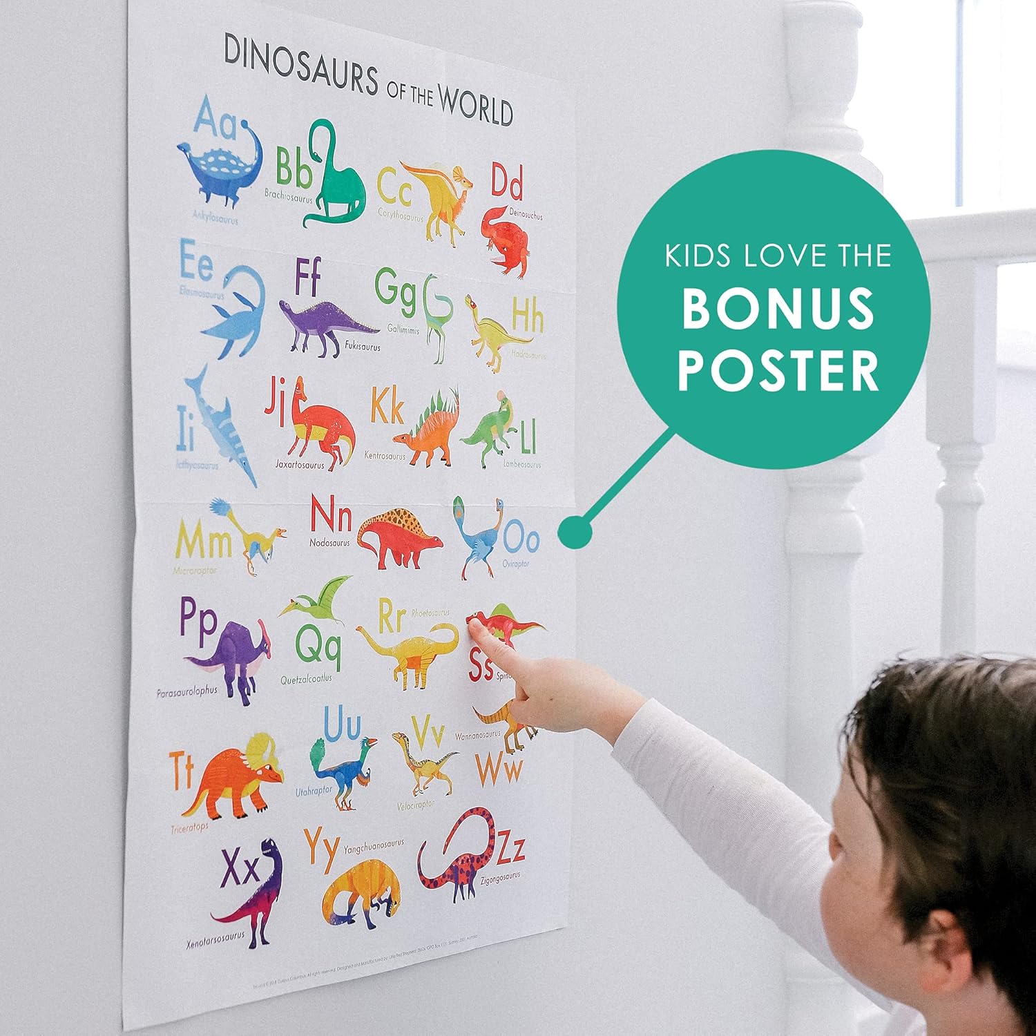 Curious Columbus Dinosaur Toddler Magnets for Refrigerator | Set of 52 Kids Fridge Magnets with 26 Magnetic Letters from A-Z and 26 Magnetic Dinosaurs | Large Paper Dino Poster Included