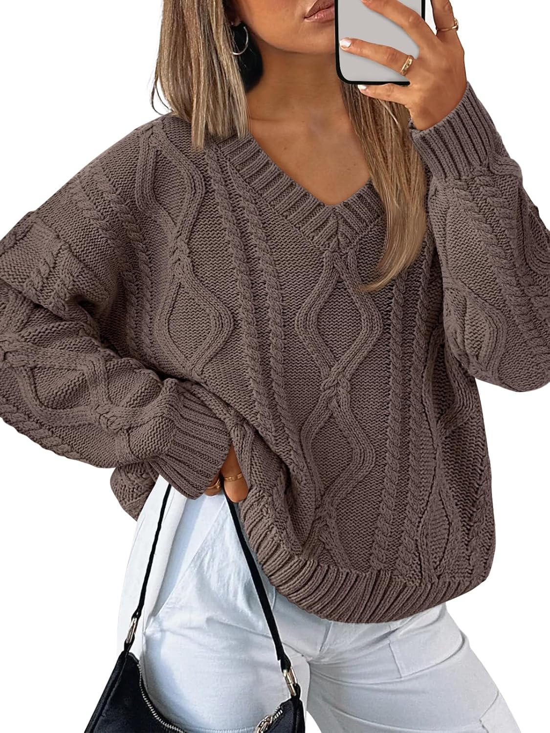 Trendy Queen Oversized Cable Knit Sweaters for Women 2026 Cozy Pullover Knit Fall Outfits V Neck Cute Winter Clothing