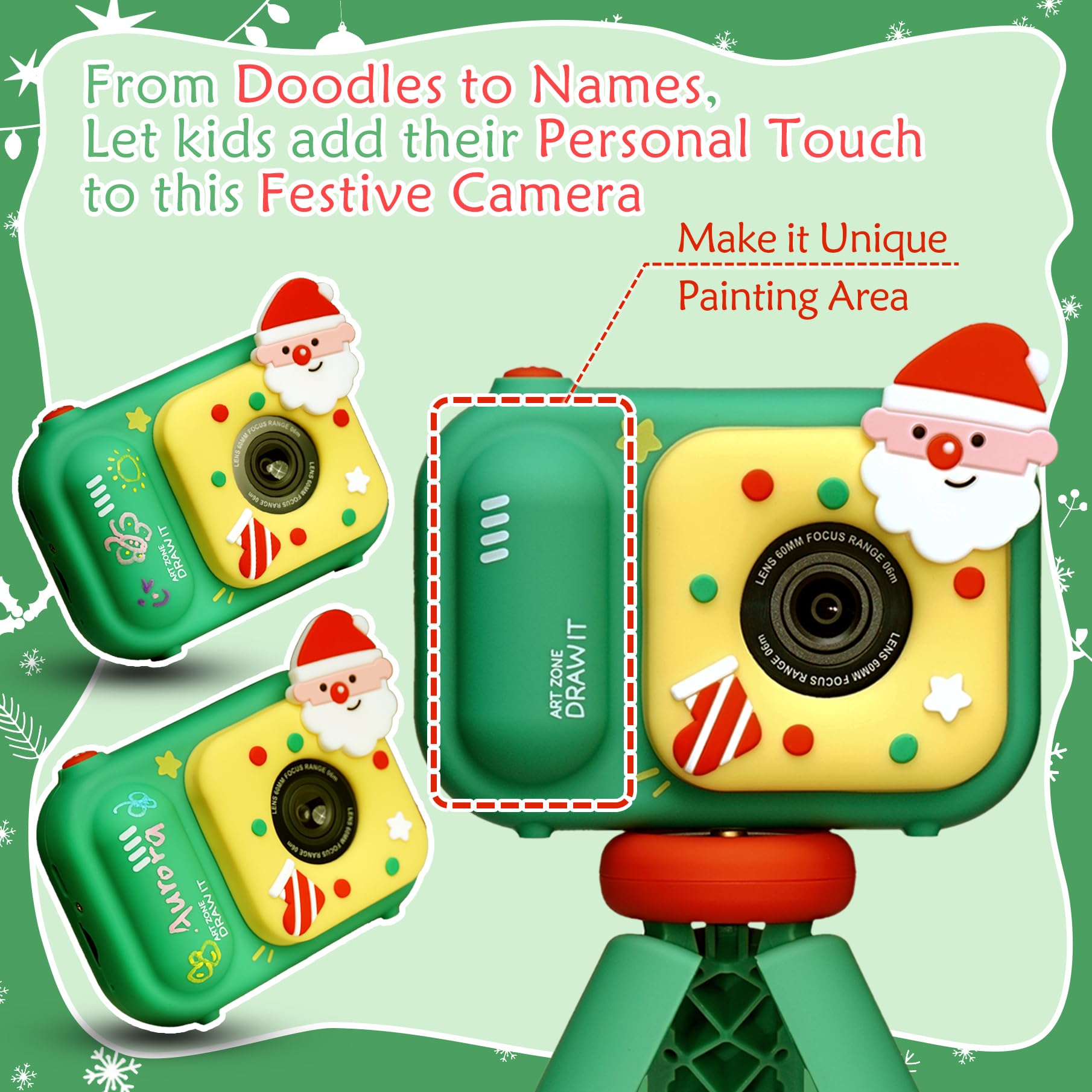 SMOOTHWIND Santa Kids Camera, HD Selfie Toddler Video Camera, Dual Lens Digital Camera for 3 4 5 6 7 8 Boys and Girls, Christmas Birthday Gift, Xmas Toy for Boys Girls Age 3-12(Green)