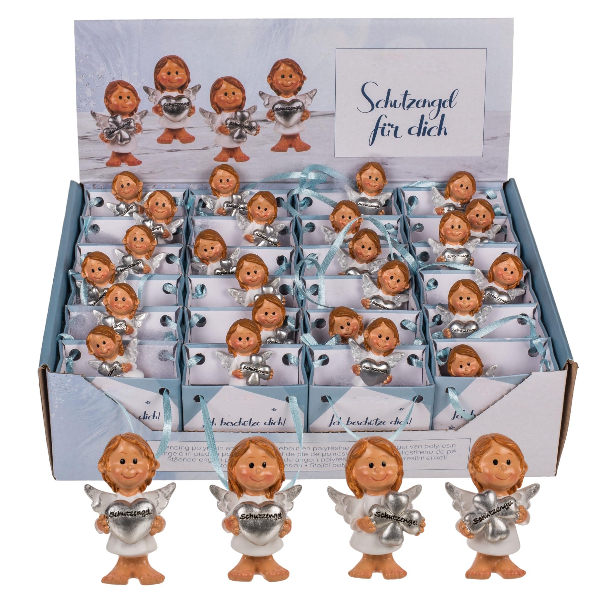 kleine Schutzengel in Tüte Set - 24 Stück himmlische Glücksbringer, farblich Sortiert im Display. Liebenswerte, handbemalte Engelchen im Mini-Format. (weiß-Altsilber)