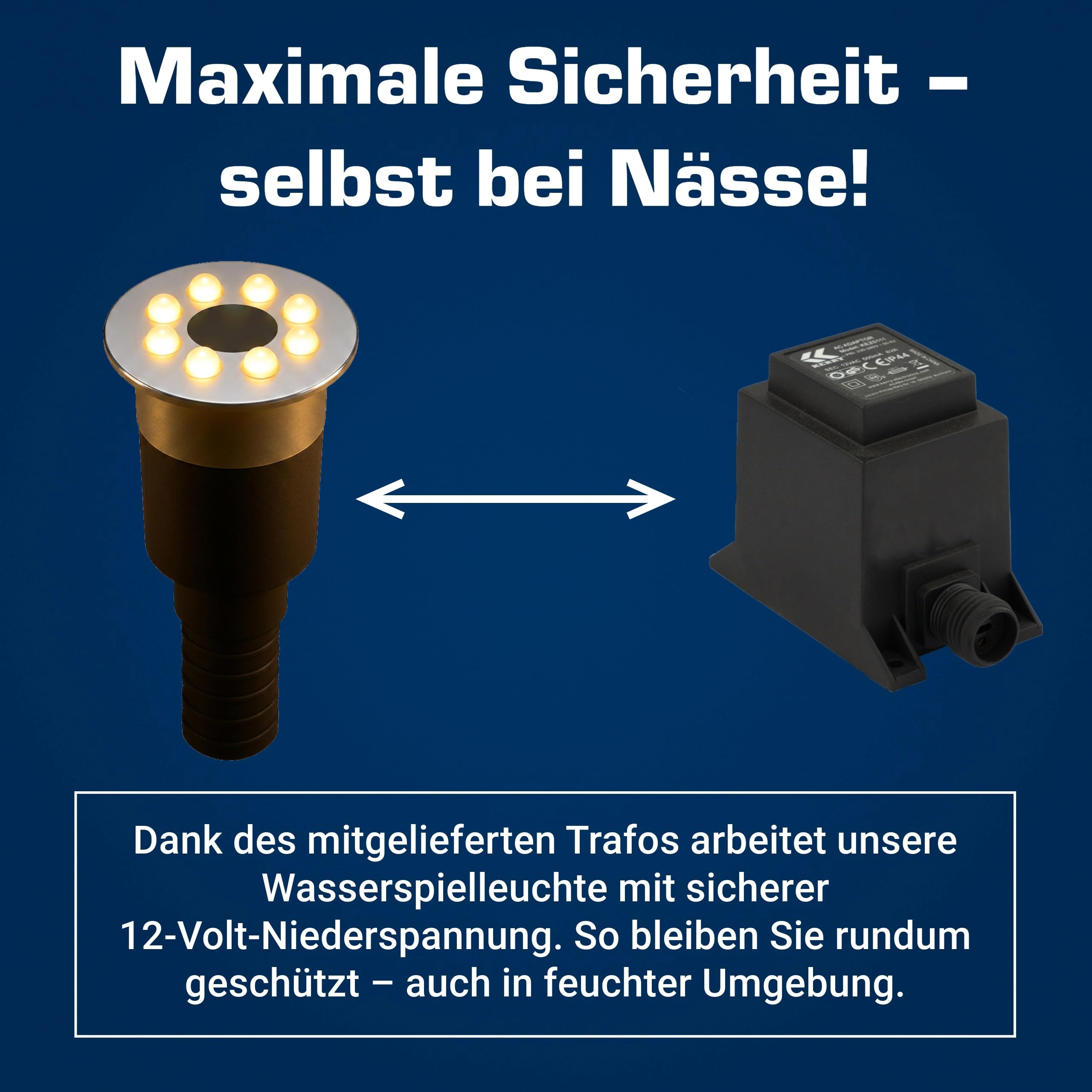 Wasserspielleuchte warmweiß, inkl. Trafo, 0,6 Watt, IP68, 12V, 103 LUX, 650 cm Kabel, 8 LED, LED Ring Brunnen, Wasserspielbeleuchtung | Springbrunnen-Beleuchtung | Quellsteinbeleuchtung