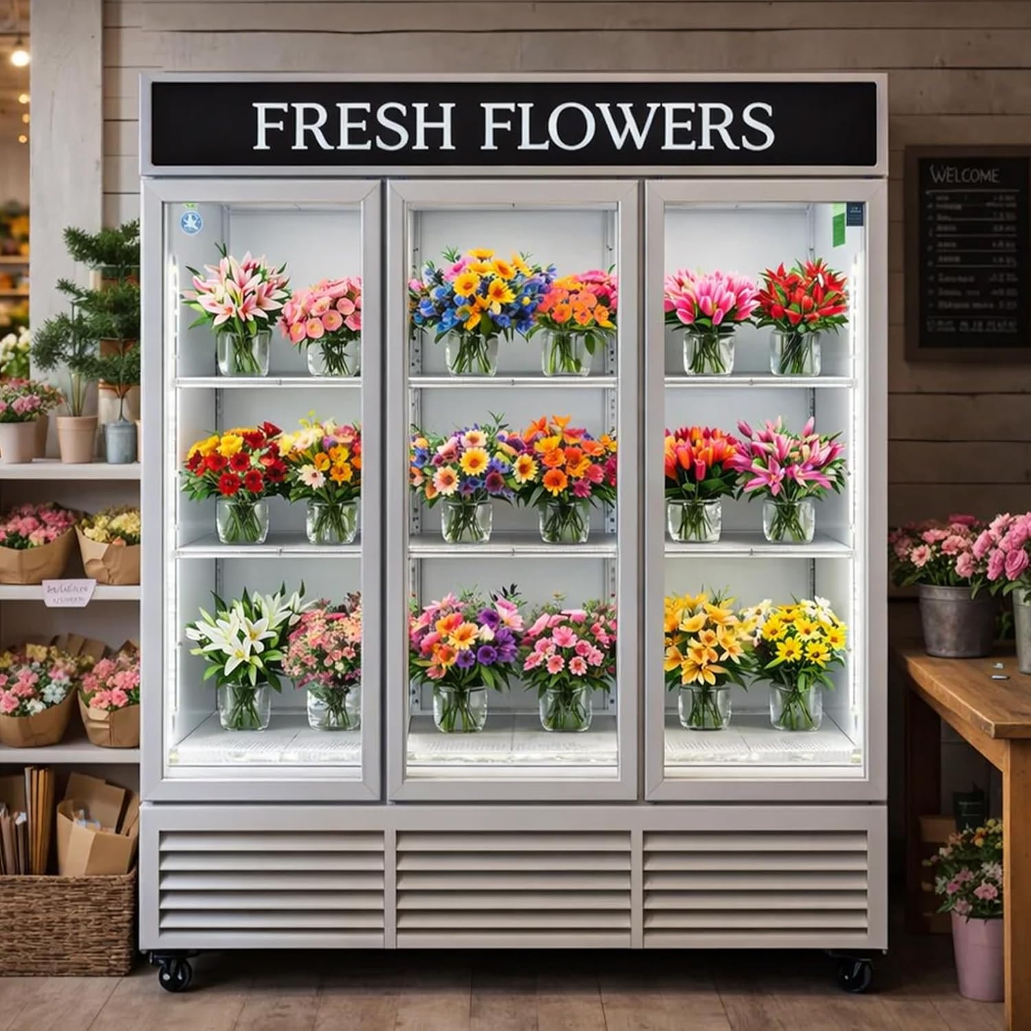 Commercial Flower Refrigerator Floral Display Cooler,White 3 Glass Doors Floral Fridge With LED Light 9 Adjustable Shelves,ETL Sanitation,71" Wide,63.5 Cuft, Wheels Included