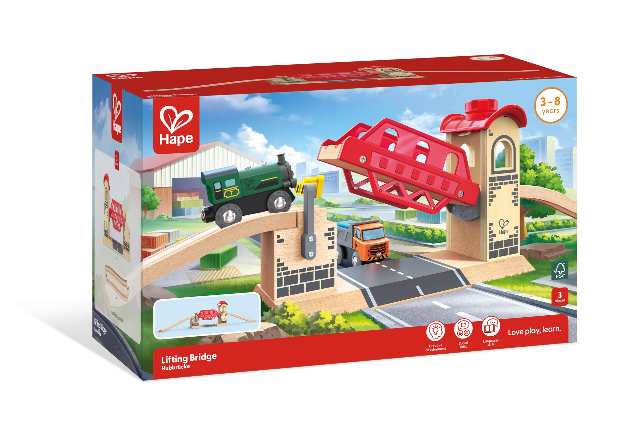 Hape Jouet Pont Levis pour Circuit Train en Bois - Jeu Educatif pour Enfant de Plus de 3 Ans - Système de Molette pour Relever Le Pont - Compatible avec Les Jeux de Marques Traditionnelles