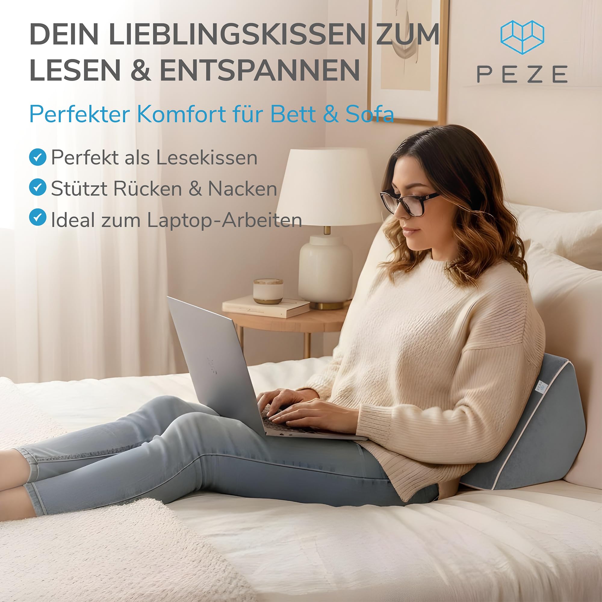 PEZE® Rückenkissen für Bett & Sofa (grau) Keilkissen & Lesekissen für Erwachsene - Kissen Knie, Beine, Rücken, Dekubitus - Bettsitzkissen zum Anlehnen & Hochlagern - orthopädisches Rückenstützkissen