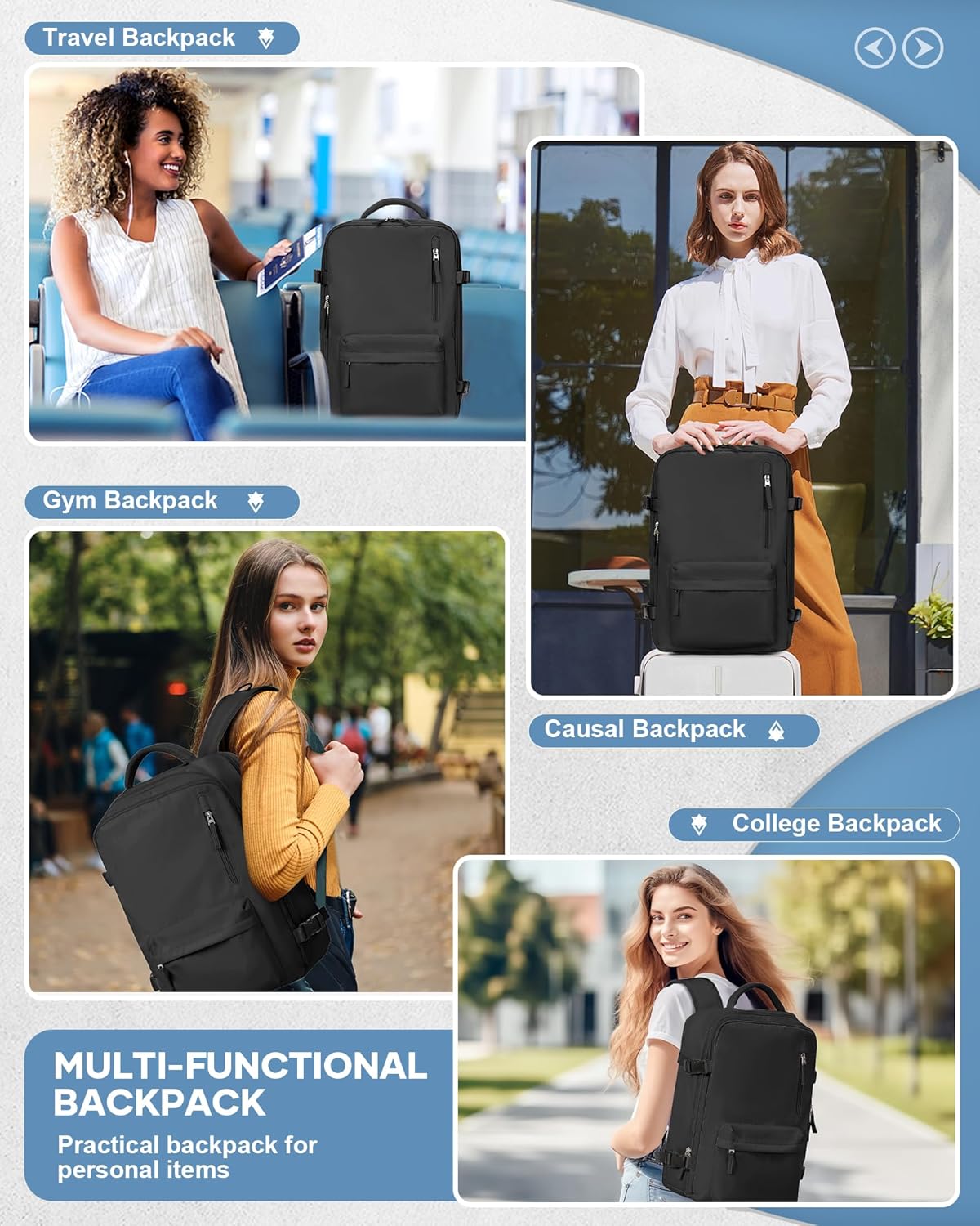 VECAVE Carry On Backpack for Women,Large Travel Backpack Flight Approved,Waterproof 15.6 Inch Laptop Backpack Business Work Backpacks Men Mochila De Viaje Black