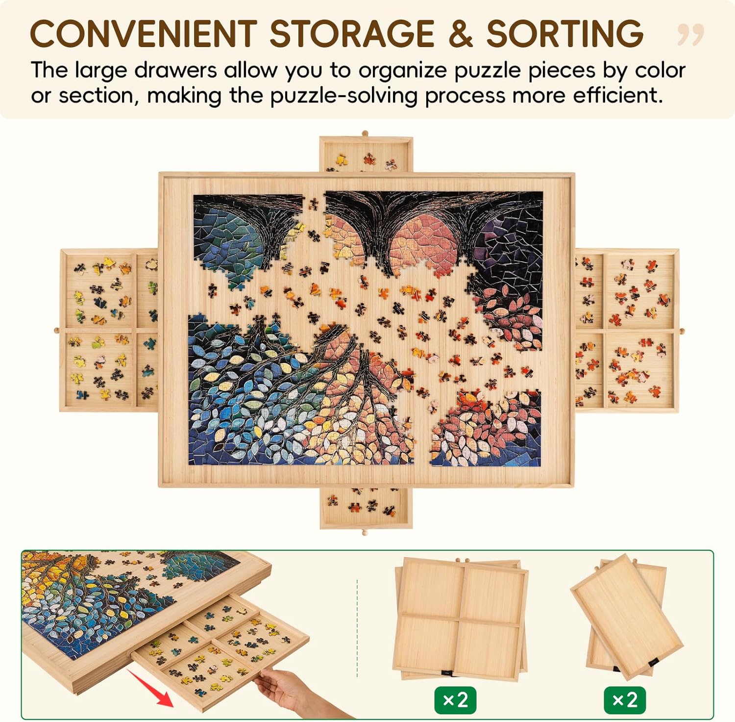 TEAKMAMA 1500 Pieces Puzzle Table 27.6" H Tall Puzzle Board with Drawers, 34.2" x 26.5" Wood Folding Jigsaw Table with Legs and Cover, Jigsaw Board for Adults, Nature