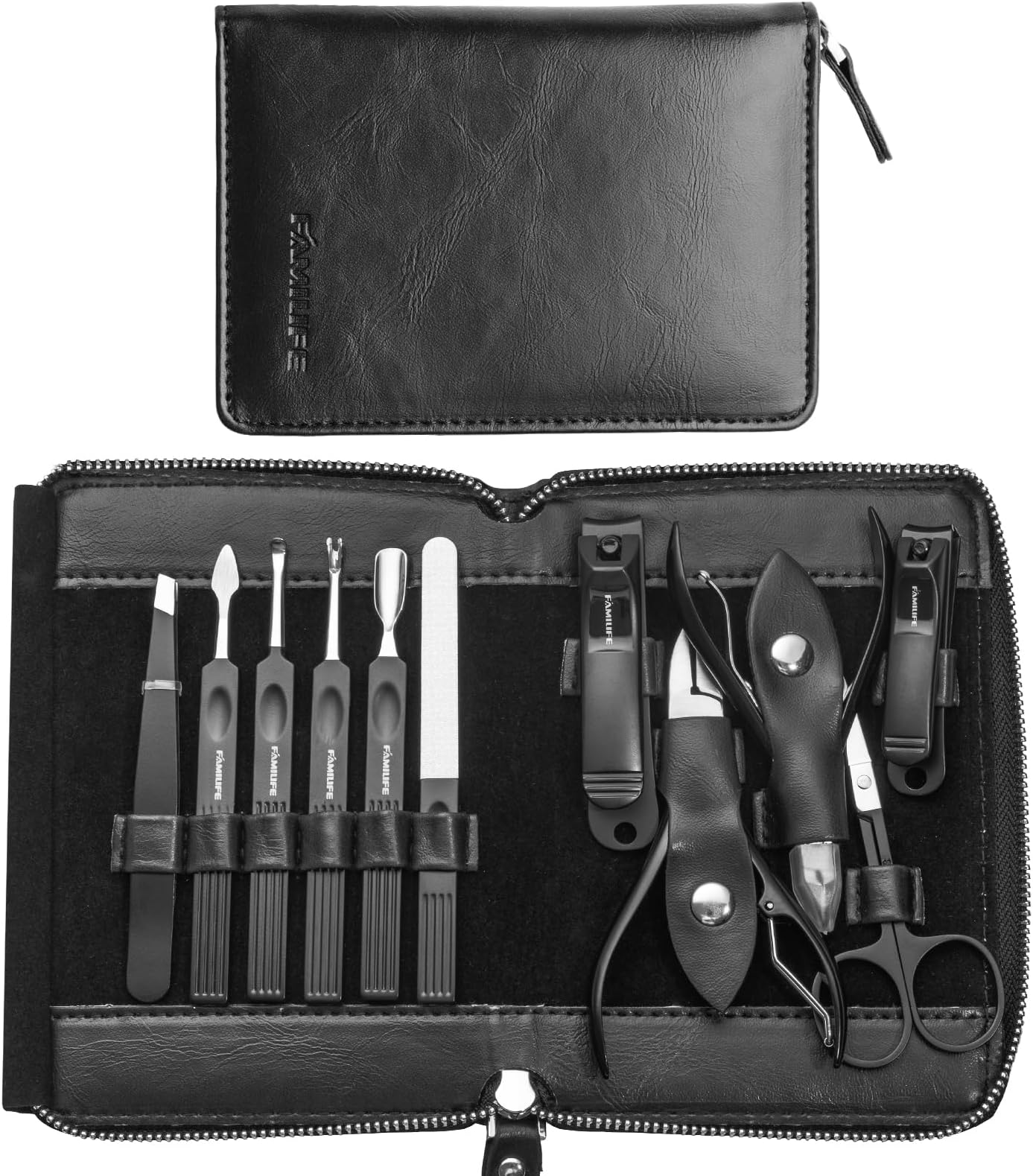 Professional Manicure Set, Manicure Kit, Nail Clippers Set, 11 in 1 Stainless Steel Black Pedicure Tool, Nail Kit with Portable Leather Travel Case Luxury Gifts