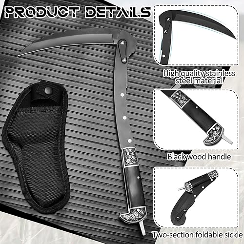 Miniatura 4 de WILLBOND Herramienta de jardín plegable de hoz negra afilada, cuchillo de mano de hierba de seguridad portátil con funda mango de madera, 2